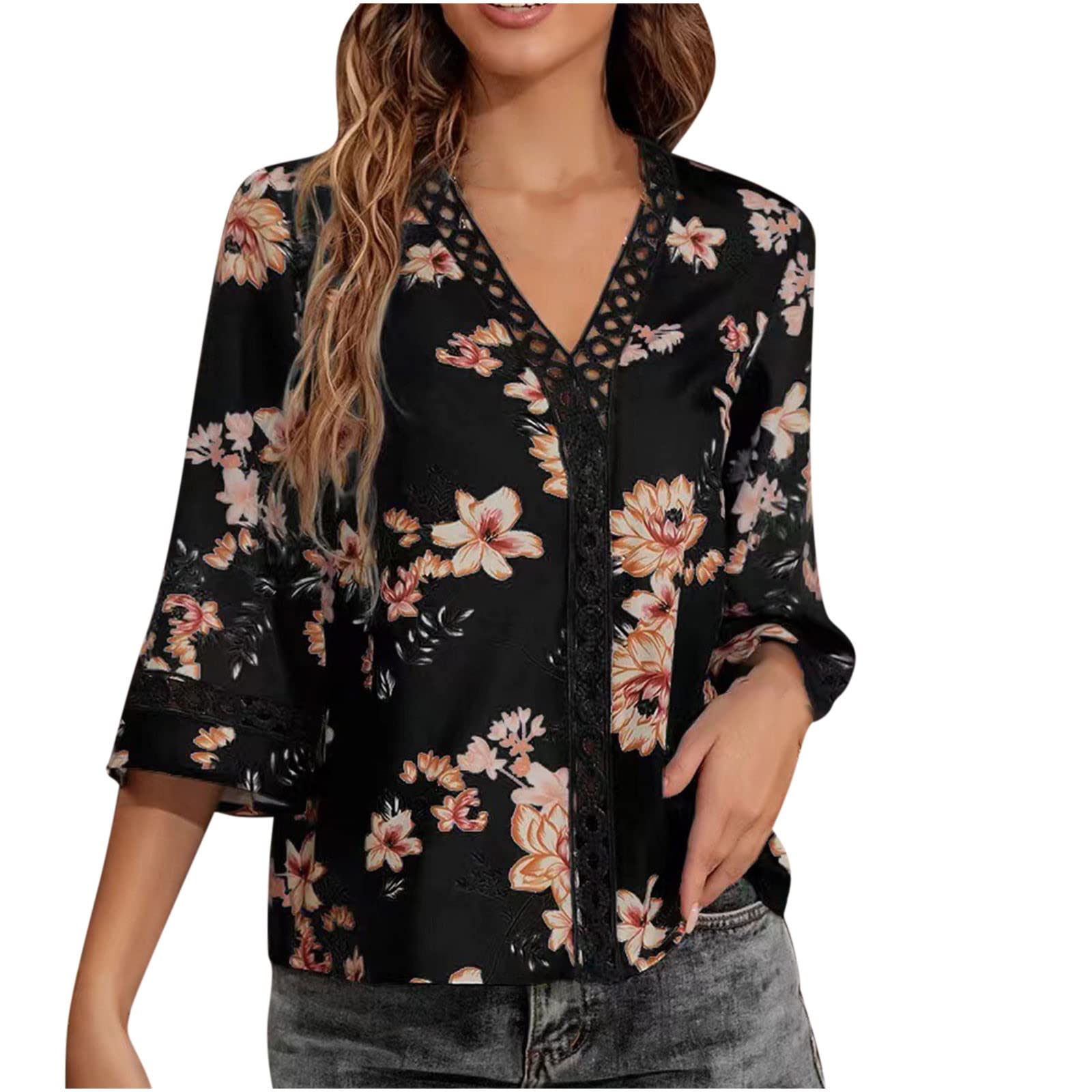 Boho Floral Blouse for Women - V Neck Lace Trim Summer Top for Casual Outings