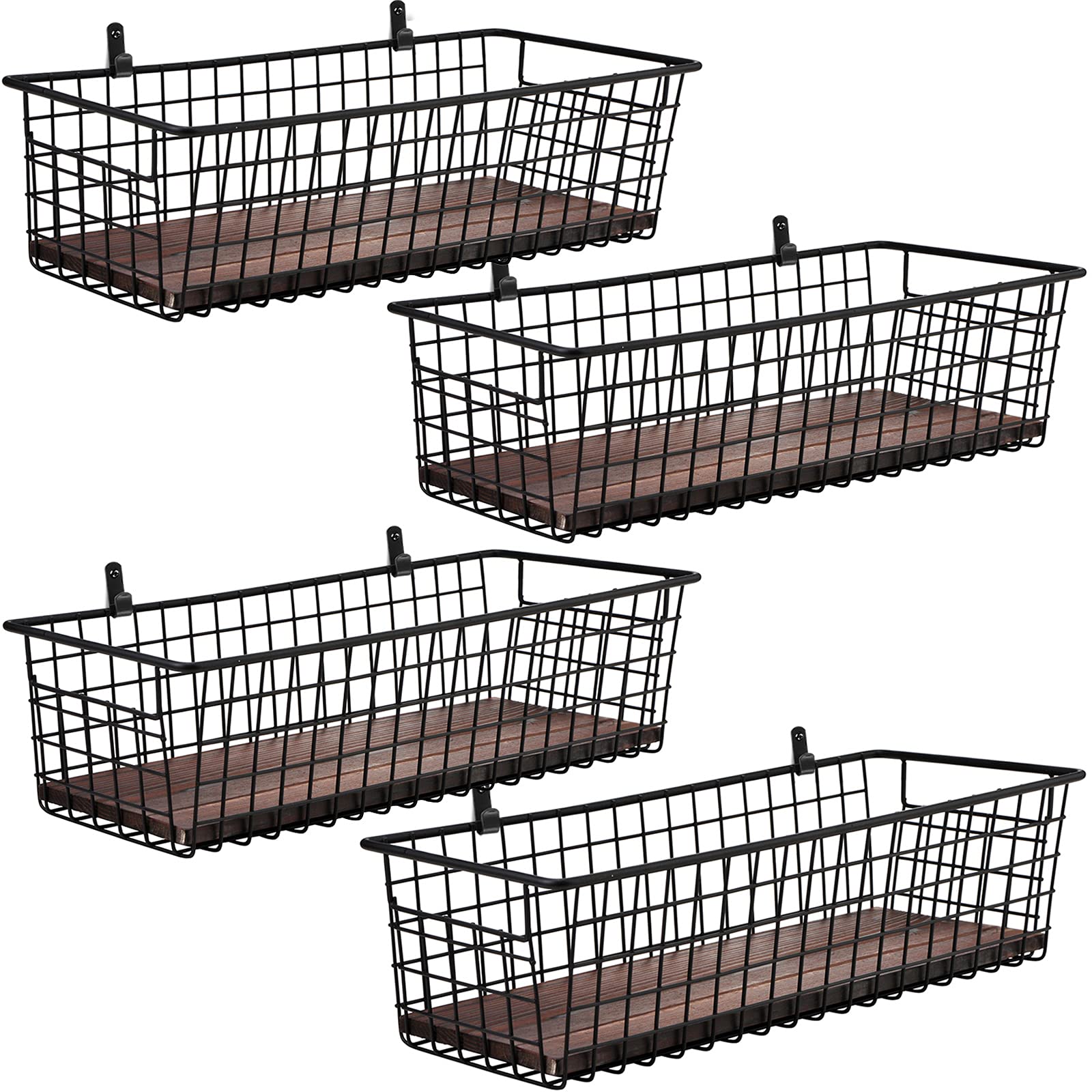 4-Piece Extra Large Metal Farmhouse Wall Decor Storage Organizer Set with Handles & Floating Shelves - Wall Mount Hooks Included (Black) - Perfect for Entryway, Bathroom, Kitchen Organization & Rustic Home Decor
