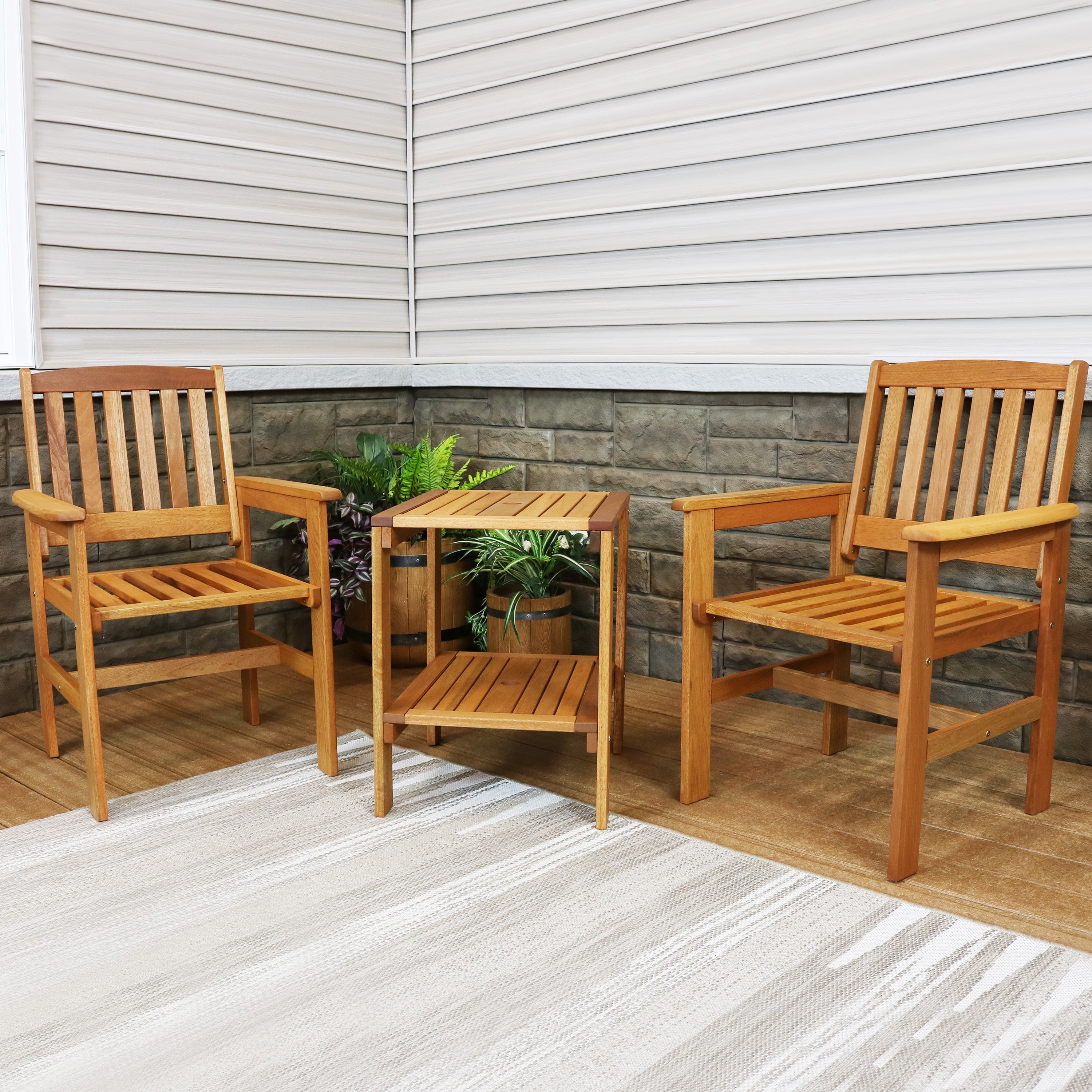 Sunnydaze Meranti Wood 3-Piece Outdoor Patio Conversation Set - Durable Garden Furniture for Backyard, Deck, or Poolside Relaxation