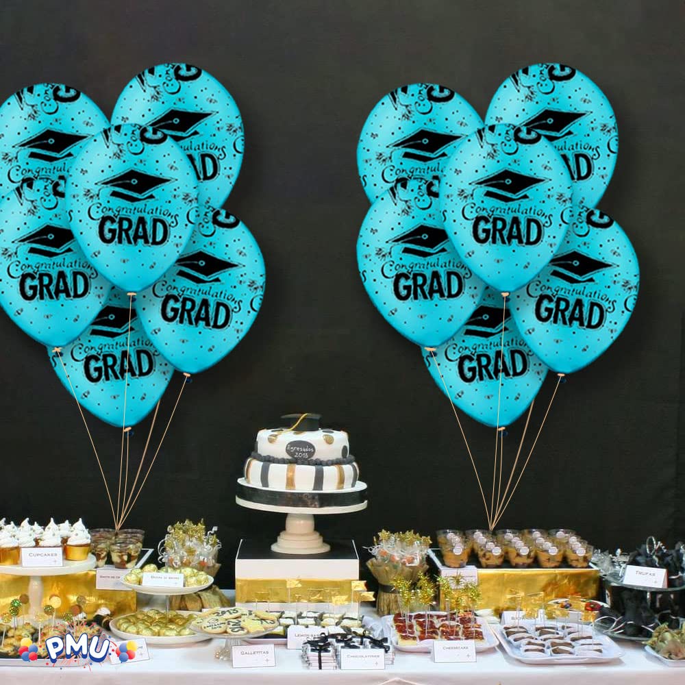 PMU Premium Turquoise Graduation Balloon with All-Over Print Black Graduation Caps - Confetti & Streamers | 100-Pack Latex Balloons for Graduation Parties | Perfect for Graduation Decorations, Photo Backdrops & School Celebration Events