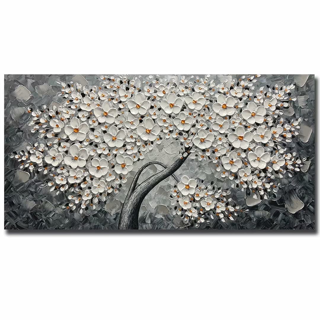 24x48 Inch Lucky Flower Tree Oil Painting - Modern Abstract Hand Painted Canvas Wall Art with Wood Frame, Ready to Hang - Perfect for Living Room & Bedroom Decor