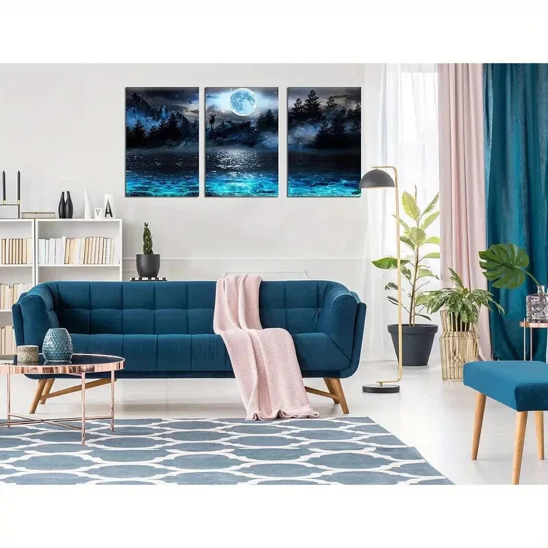 3-Piece Snow Capped Mountains & Blue Waters Metal Wall Art - Ready to Hang Landscape Prints for Living Room, Office & Bedroom Decor