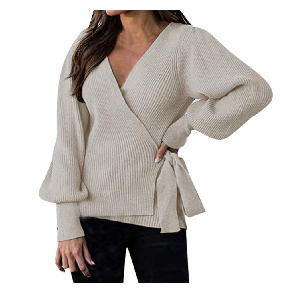 Women's Loose Knit Cardigan - Lace-Up V-Neck Long Sleeve Open Front Sweater | Comfortable Stretch Solid Color Coat for Casual Wear & Layering