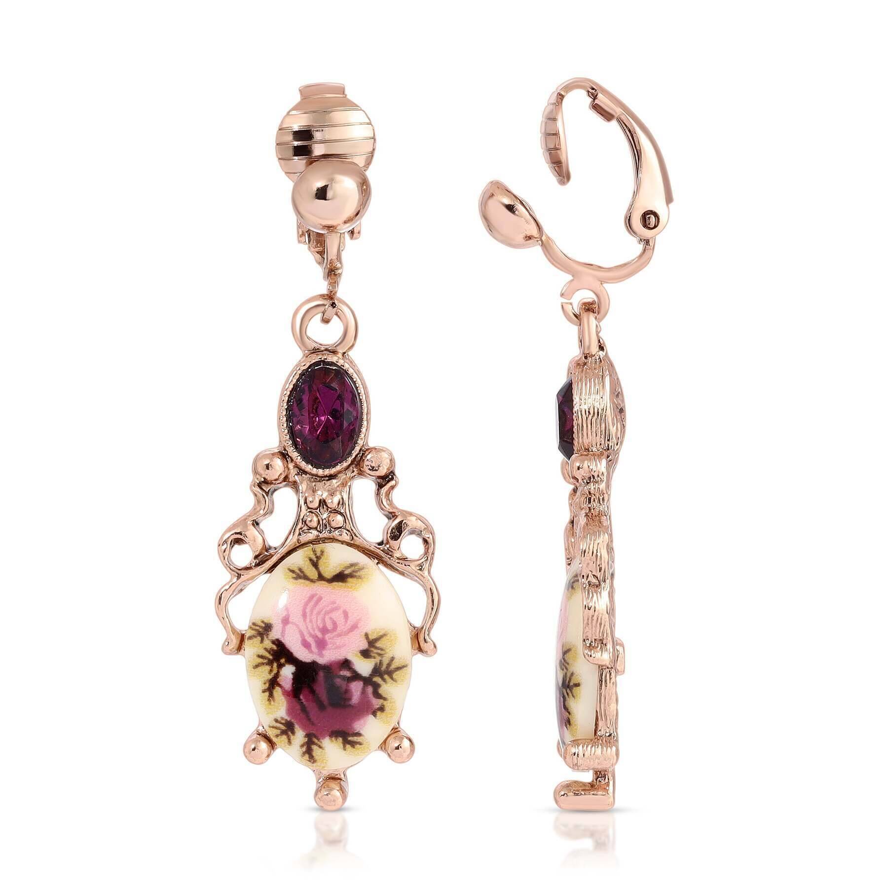 1928 Vintage Jewelry Manor House Floral Stone & Purple Crystal Clip-On Earrings for Women - Elegant Dangle Earrings for Parties, Weddings & Special Occasions