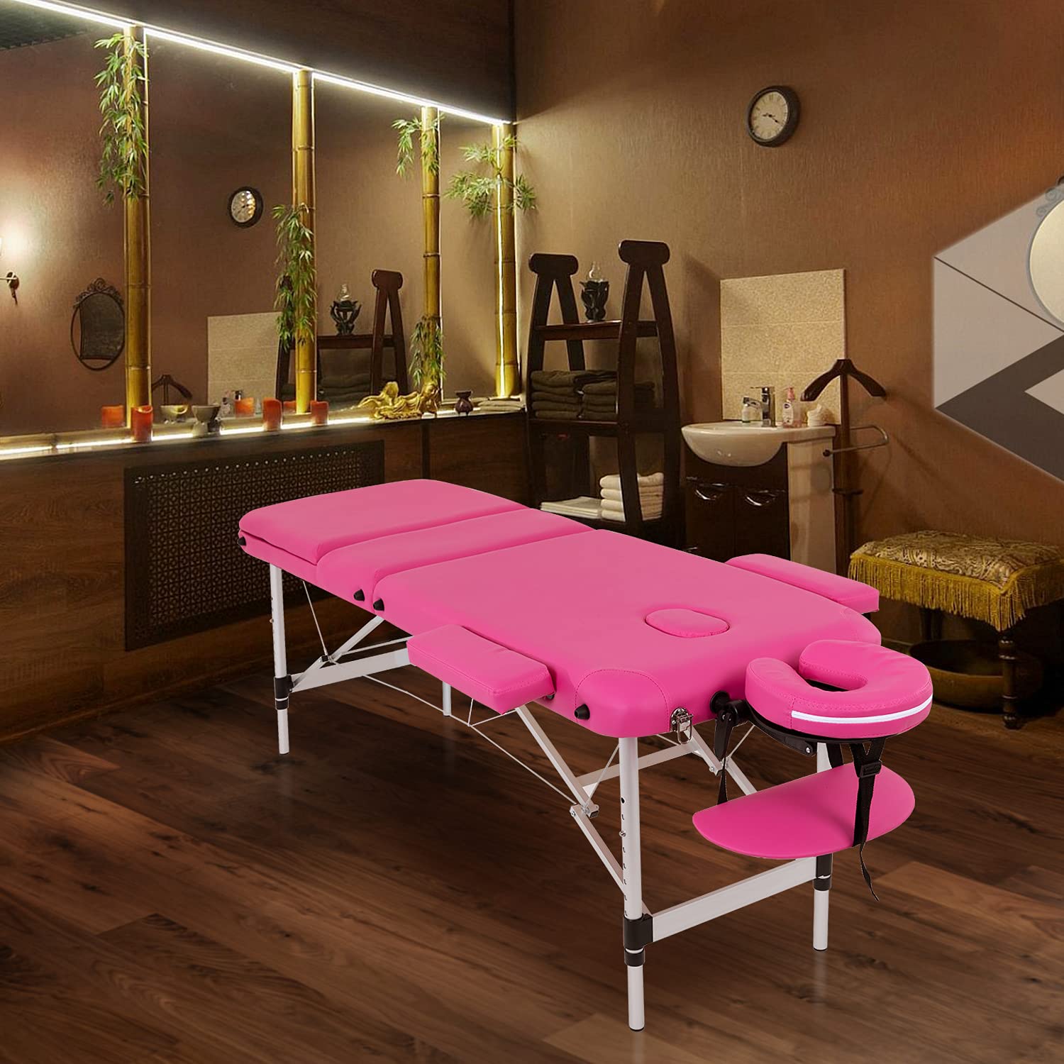 FDW Portable 24 Inch Wide Adjustable Height 3-Folding Aluminum Massage Table with Carry Case & Face Cradle - Perfect for Spa, Salon, Tattoo, and Home Use
