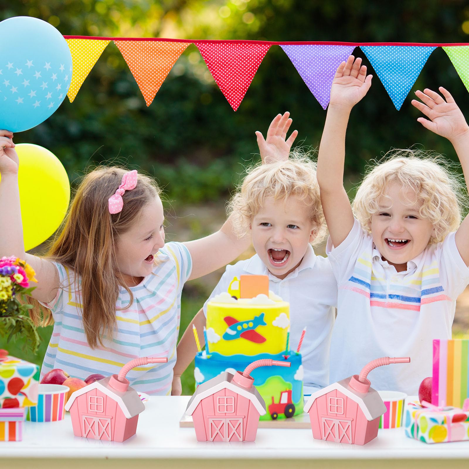 12 Pack Farmhouse Cups with Lids & Straws - 10oz Reusable Pink Party Cups for Farm Themed Birthday, Baby Shower, Barnyard Animal Decorations - Perfect for Farmhouse Weddings, Rustic Parties & Kids' Events