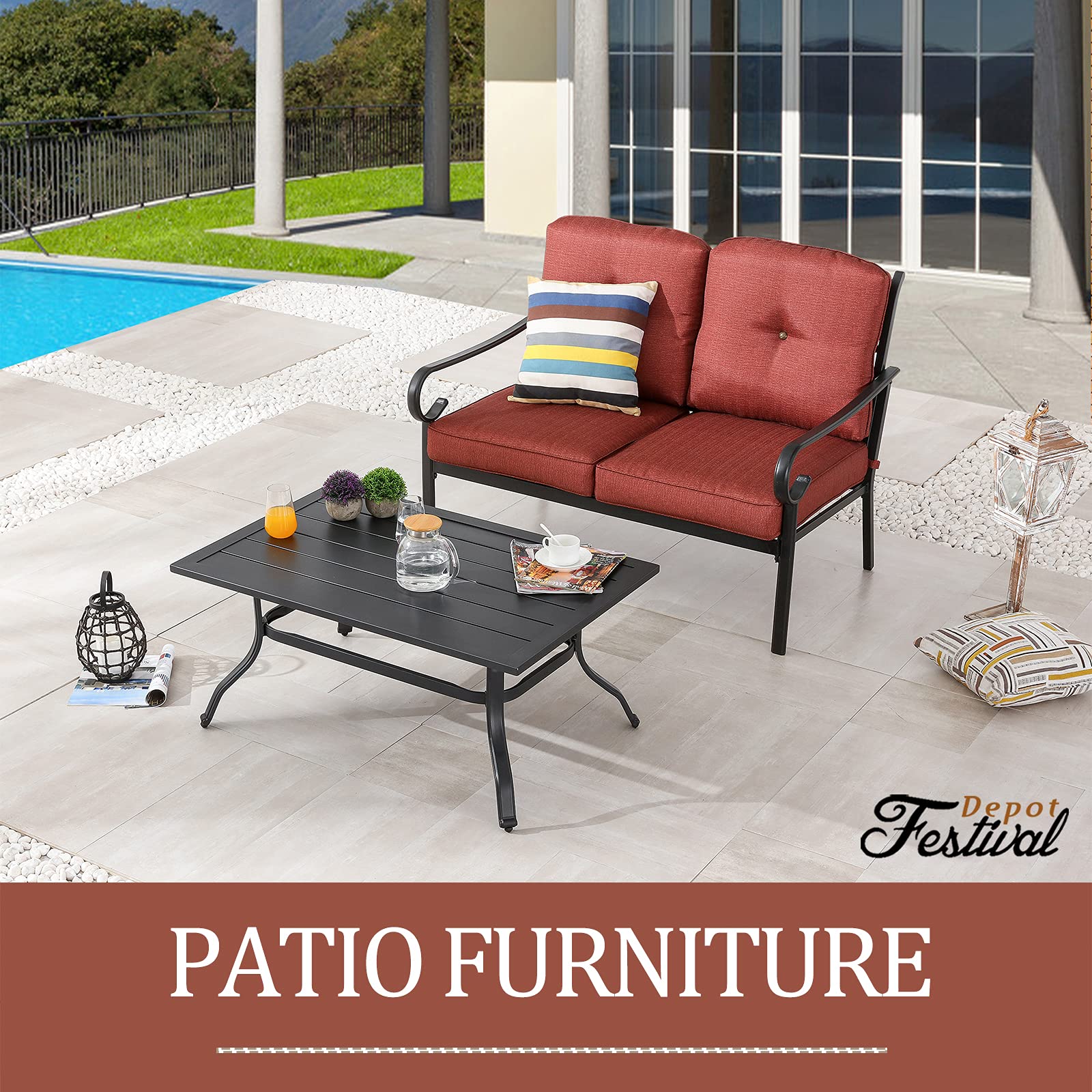 Festival Depot 2-Piece Patio Conversation Set - Bistro Loveseat with Thick Cushions & Metal Coffee Table - Outdoor Furniture for Backyard, Porch, Balcony - Perfect for Relaxing, Entertaining & Outdoor Dining (Red)