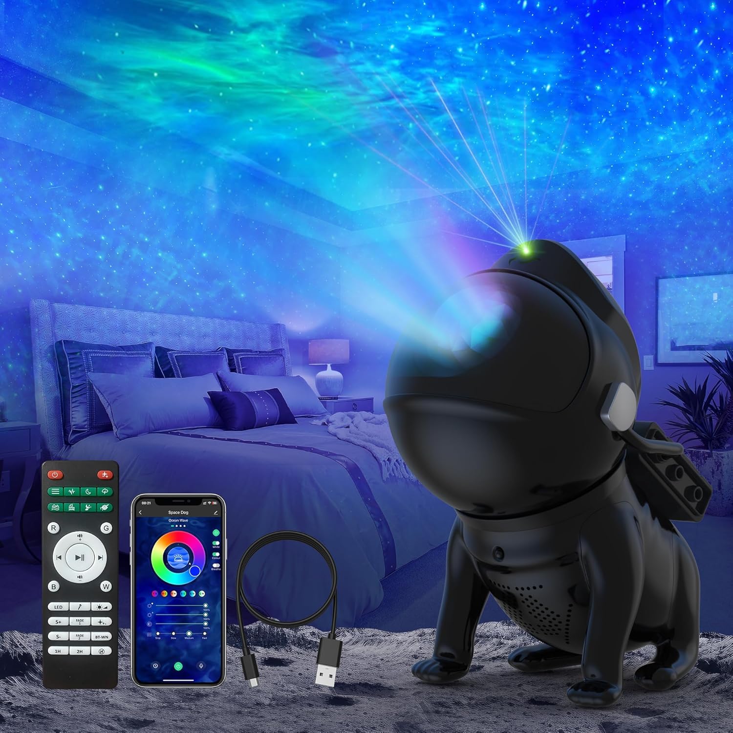 Space Dog Star Projector - Galaxy Night Light for Bedroom with Timer & Remote Control | 3D Nebula Lamp for Kids & Adults | Perfect for Relaxation, Meditation, Nursery Decor & Gift (Christmas, Birthday, Valentine's Day) - Black
