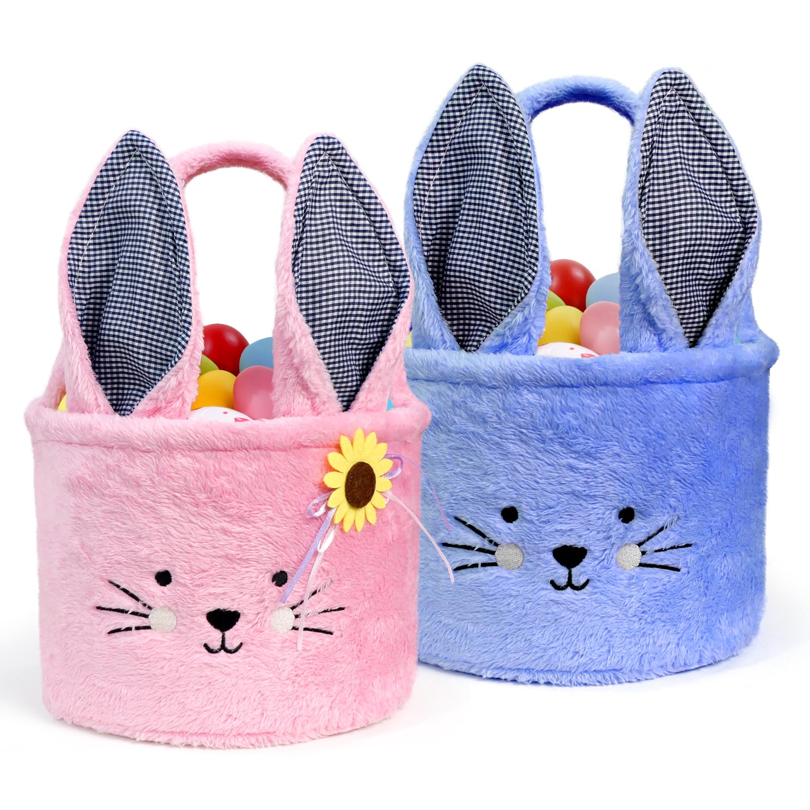 Faylapa 2Pcs Plush Easter Bunny Basket Bags with Plaid Long Ears - Personalized Easter Egg Basket for Candy, Party Decorations & Gifts (Pink+Blue) - Perfect for Easter Celebrations, Kids' Party Favors & Spring Home Decor