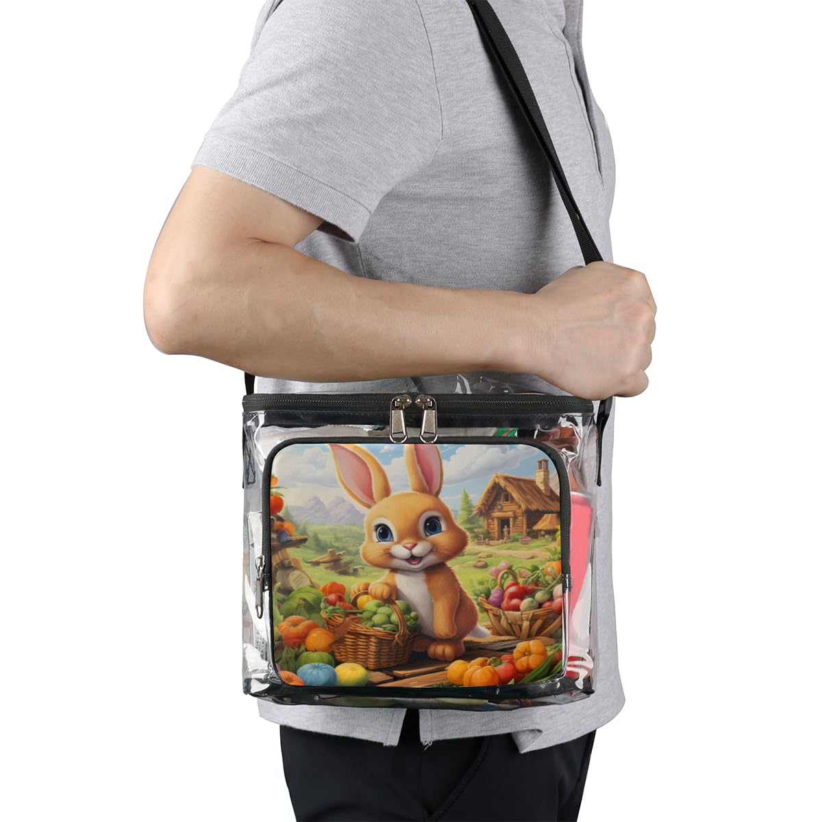Cartoon Animal Rabbit Clear Tote Bag with Handles - Farmhouse Style Transparent Crossbody Shoulder Bag for Lunch, Outdoor, Travel, Picnic, Concerts & Sports Events - Stadium Approved Multipurpose Carryall (Perfect for Beach Days, Music Festivals & School Essentials)