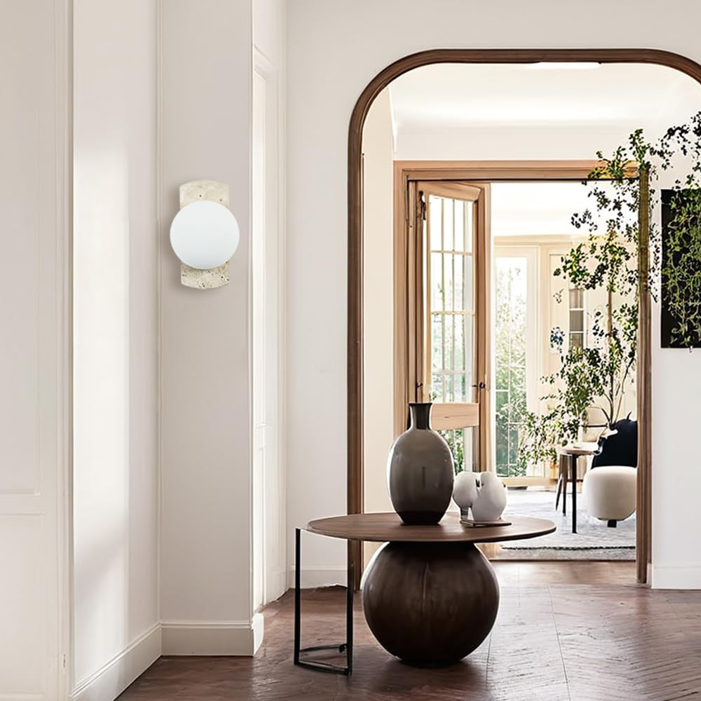 Handmade Travertine Wall Lamp - Organic Marble Wall Sconce with Milk Glass Shade, Natural Style Mounted Light for Entryway, Hallway, Bedroom & Living Room | Perfect for Modern Home Decor, Hotel Lighting and Cozy Ambiance