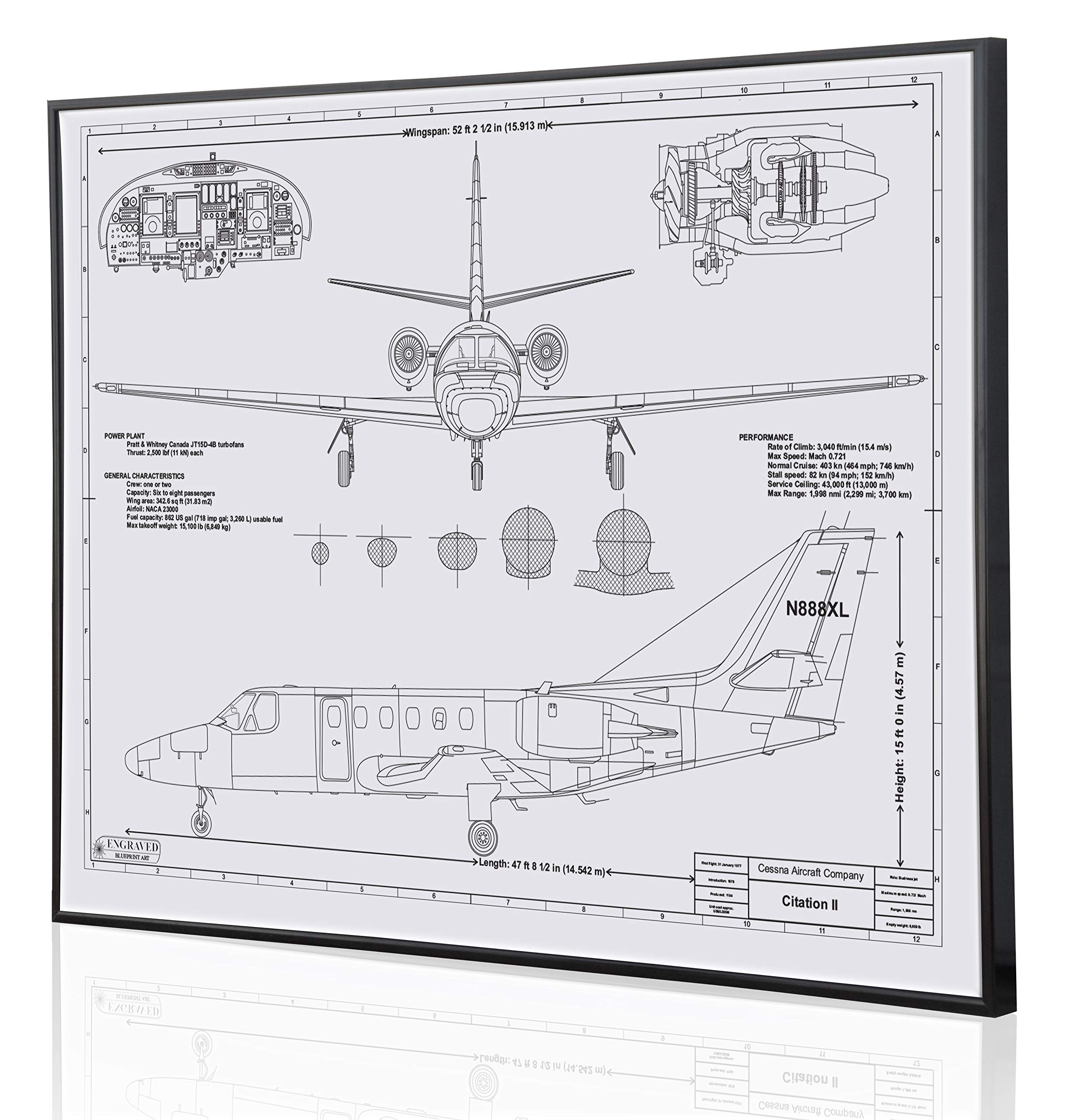 Personalized Cessna Citation 2 Blueprint Artwork - Laser Engraved Aviation Gift for Pilots & Plane Enthusiasts - Perfect for Home, Office Decor or Birthday Present