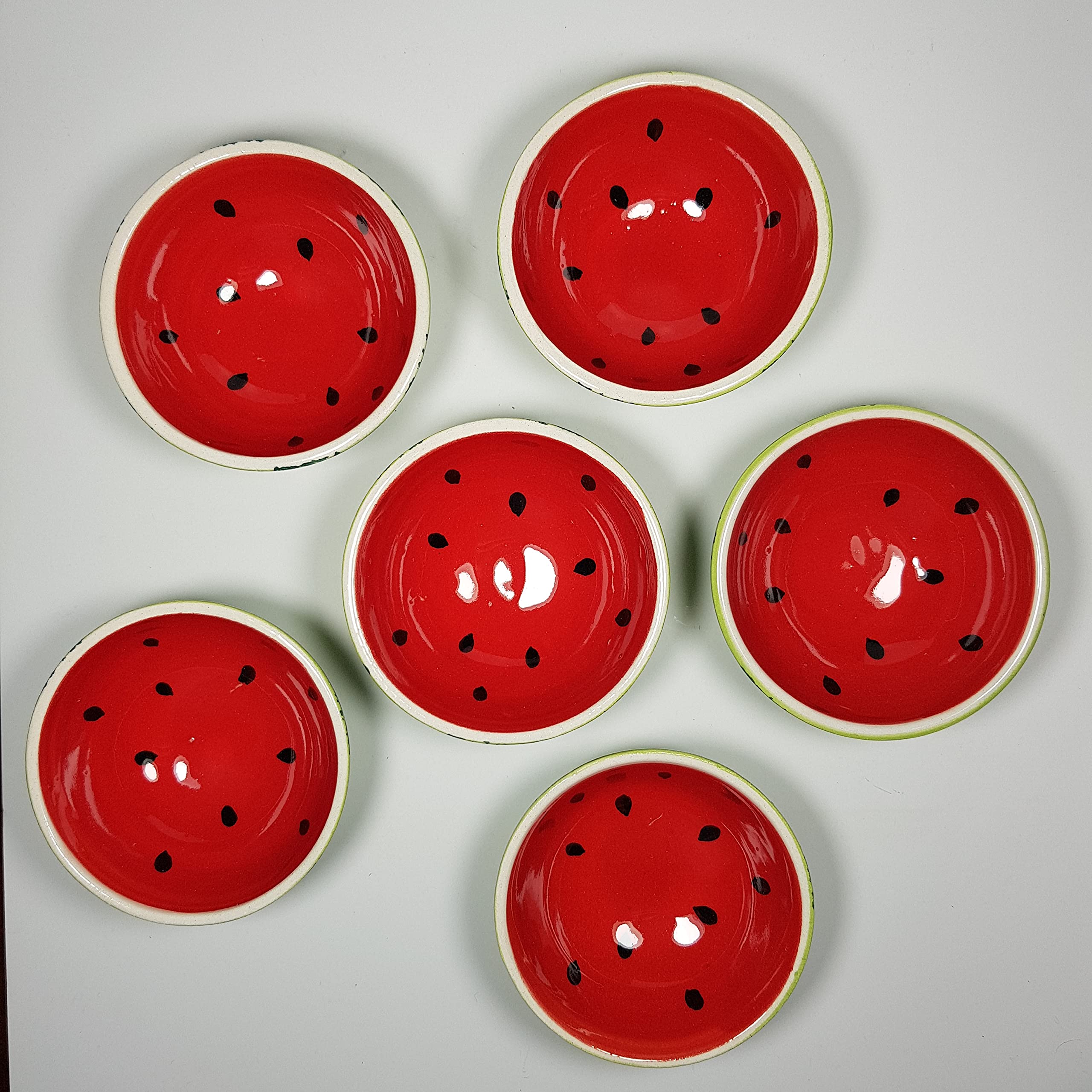 Kaira Handpainted Ceramic Mini Finger Bowls - Set of 6 Cute Fruit Design Snack Cups for Ice Cream, Condiments, Rice, Desserts, Soy Sauce, Salsa & Cereal - Perfect for Parties, Dining, Food Prep & Small Bite Serving (Red)