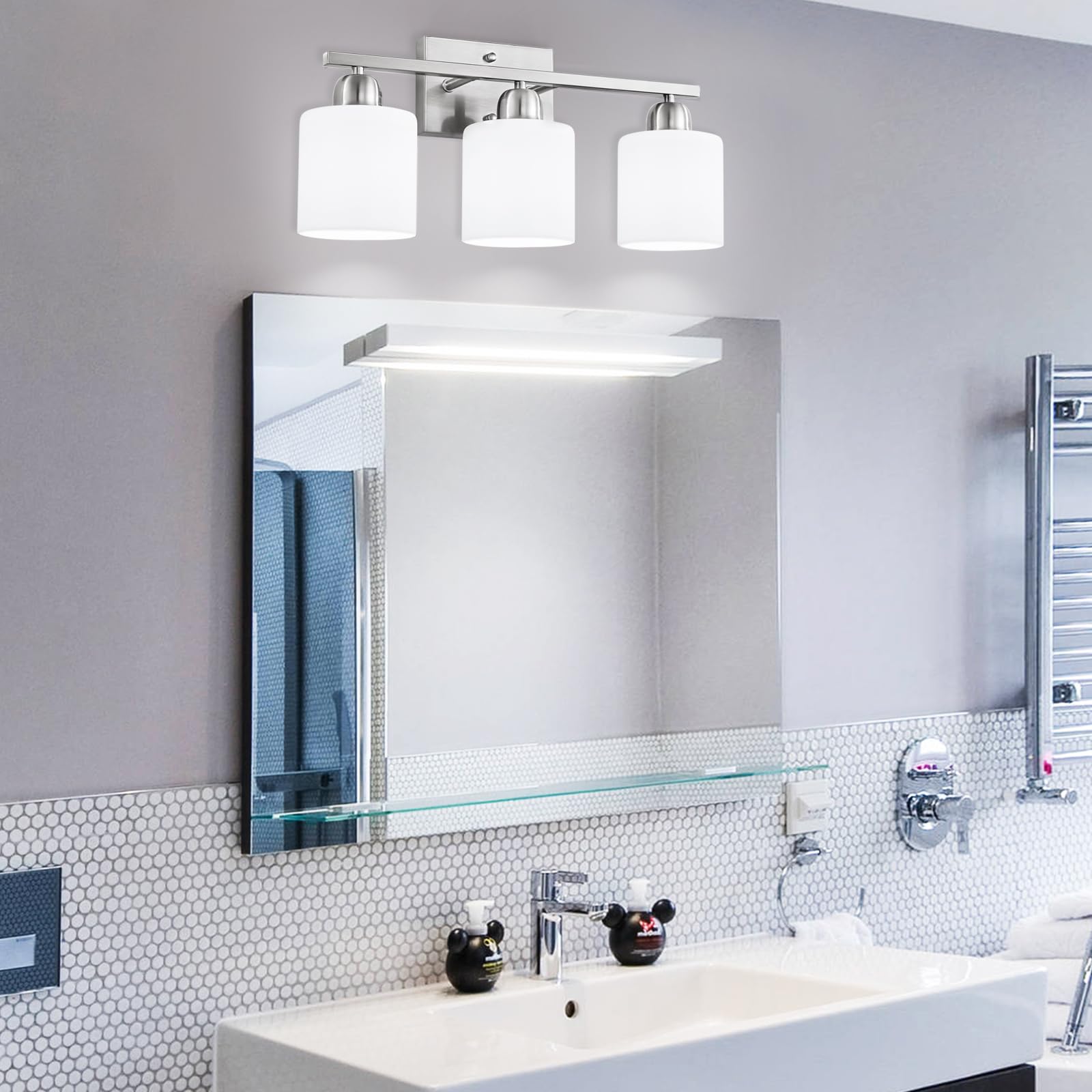 4-Light Brushed Nickel Bathroom Vanity Light Fixture with Milky White Frosted Glass Shade - E26 Base Wall Sconce for Mirror, Bedroom & Living Room - Perfect for Modern Home Decor and Ambient Lighting