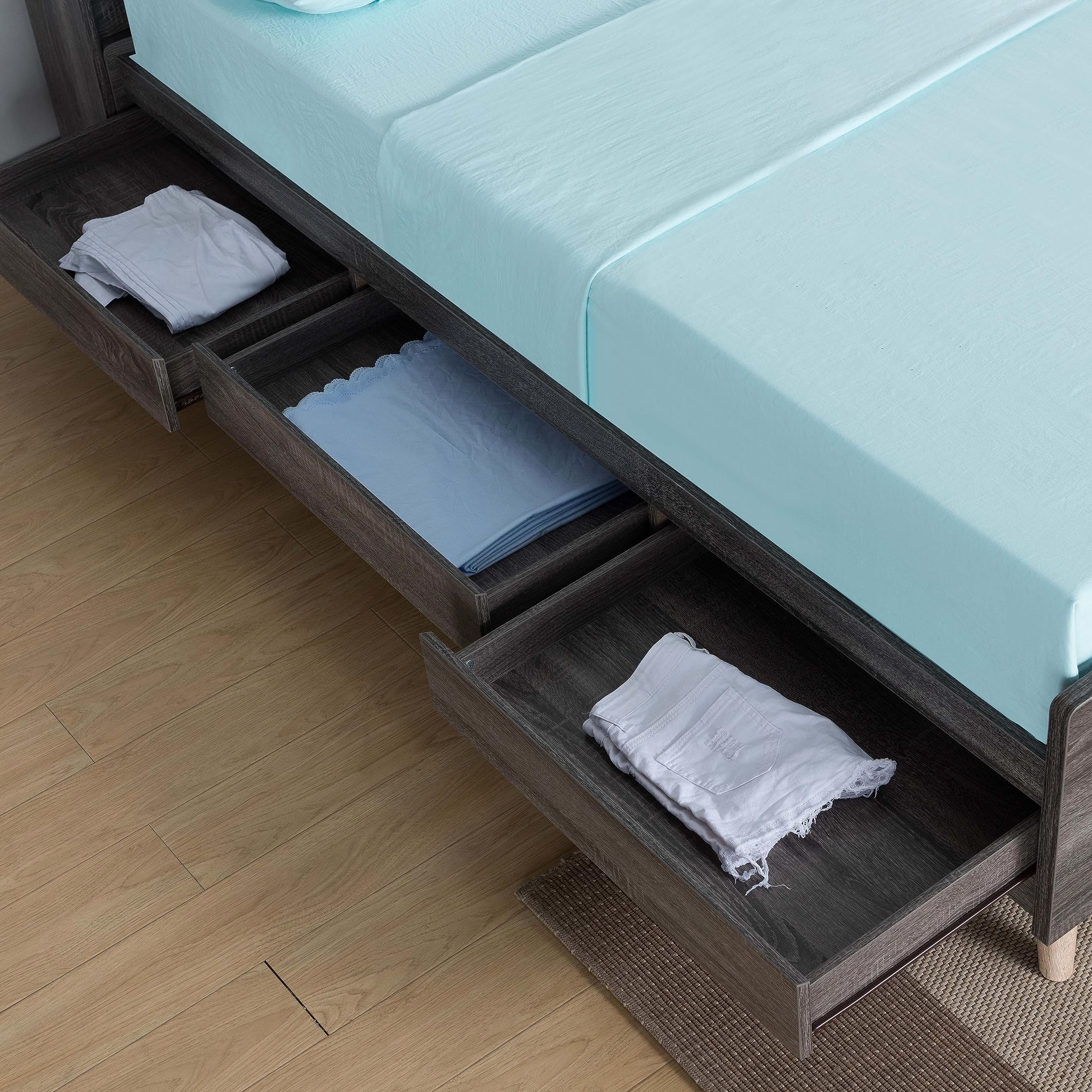 Overstock Riley Contemporary Distressed Grey Platform Storage Bed Full Size - Modern Bedroom Furniture with Underbed Storage for Small Spaces