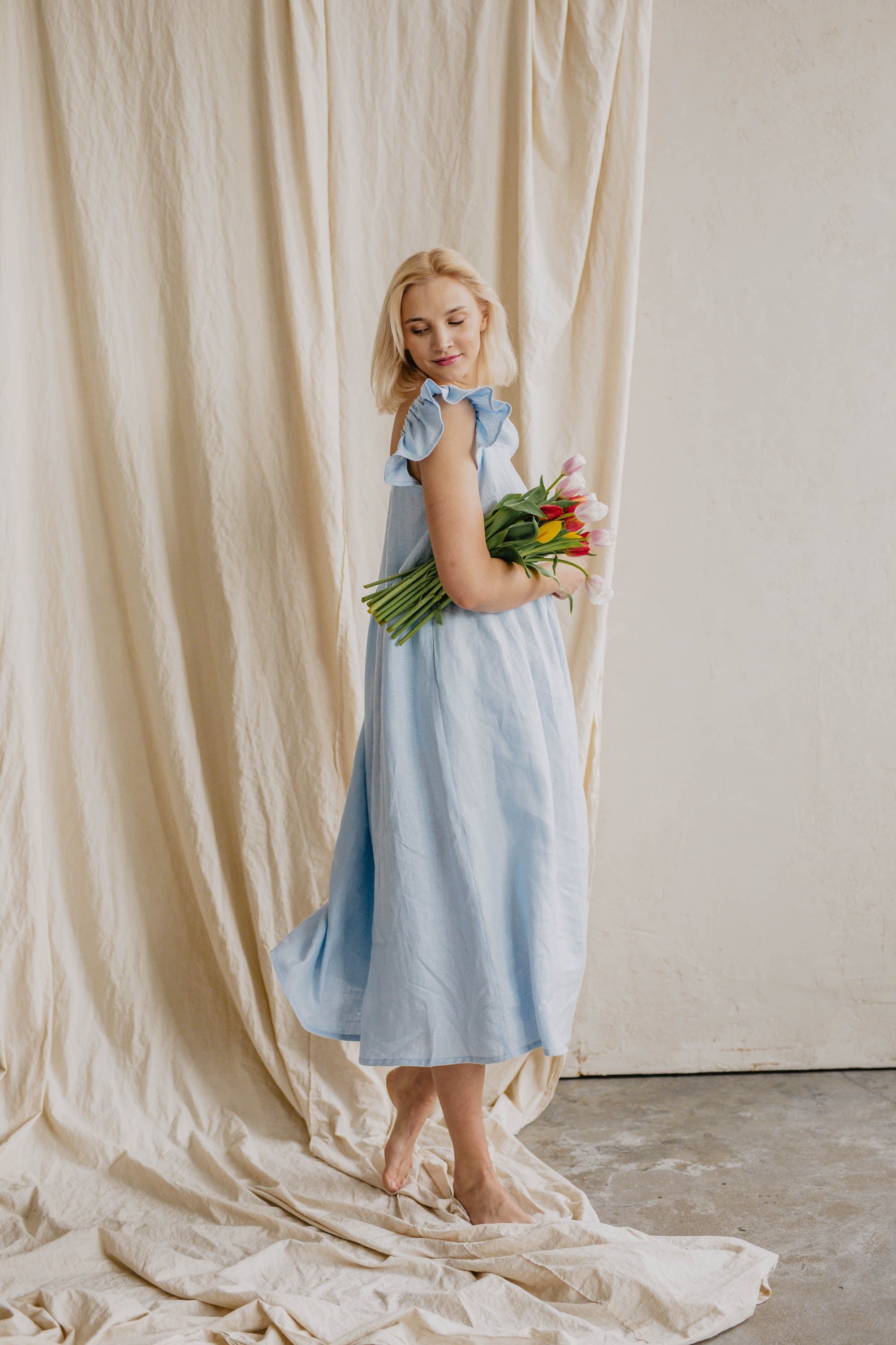 Ona Women's Linen Ruffle Dress - Sky Blue | Flowy Summer Dress for Beach, Vacation & Casual Outings