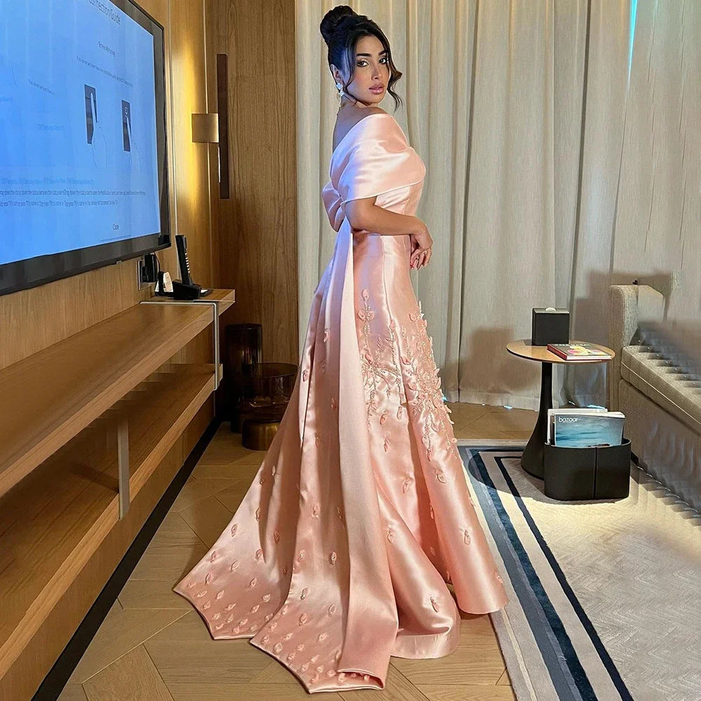 Luxury Dubai Elegant Appliques Mermaid Peach Satin Long Evening Dress for Women - Wedding, Party, Prom & Formal Occasions | Serene Hill Collection 2025 LA72483