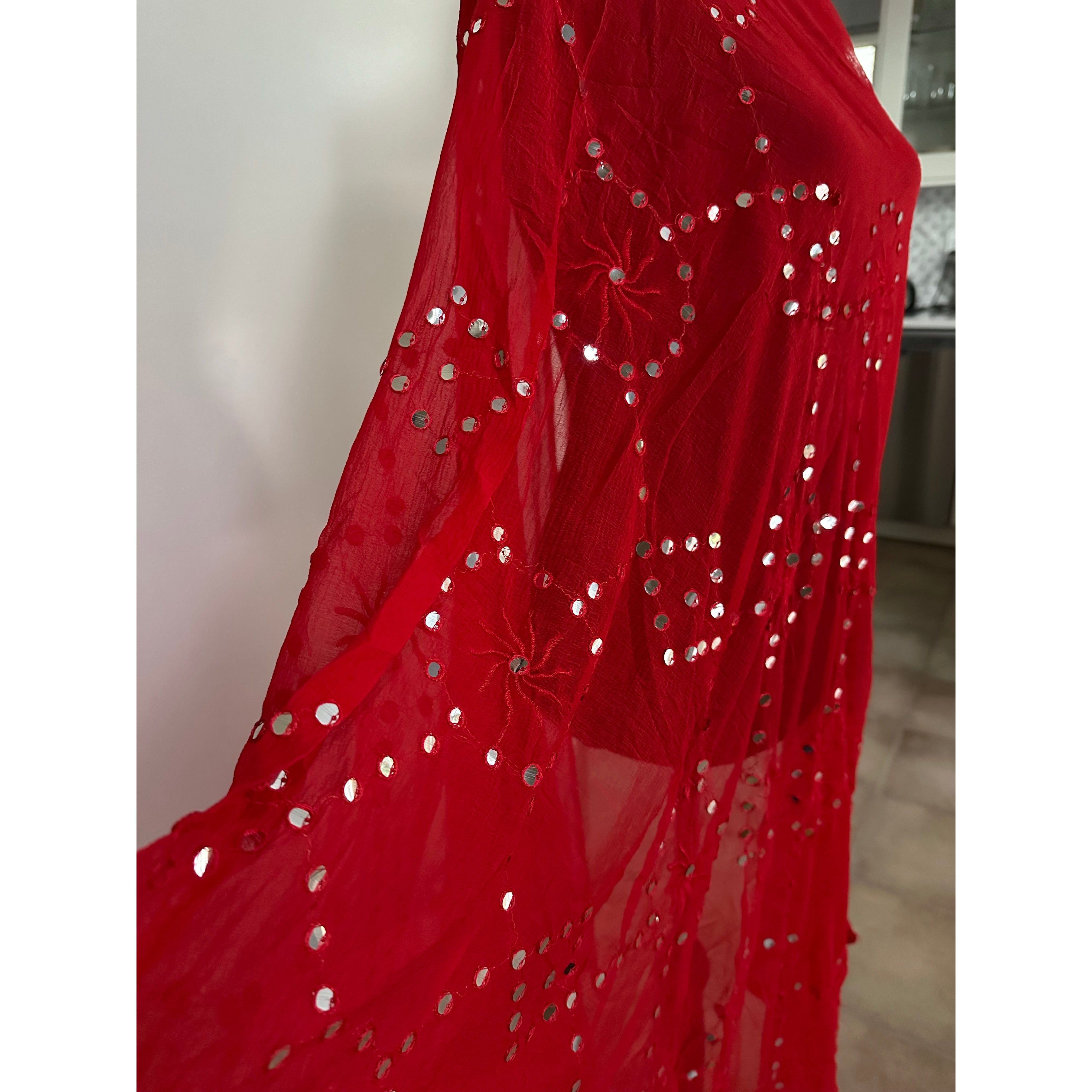 Elegant Red Dupatta with Mirror Embroidery - Perfect for Weddings, Festivals & Cultural Events