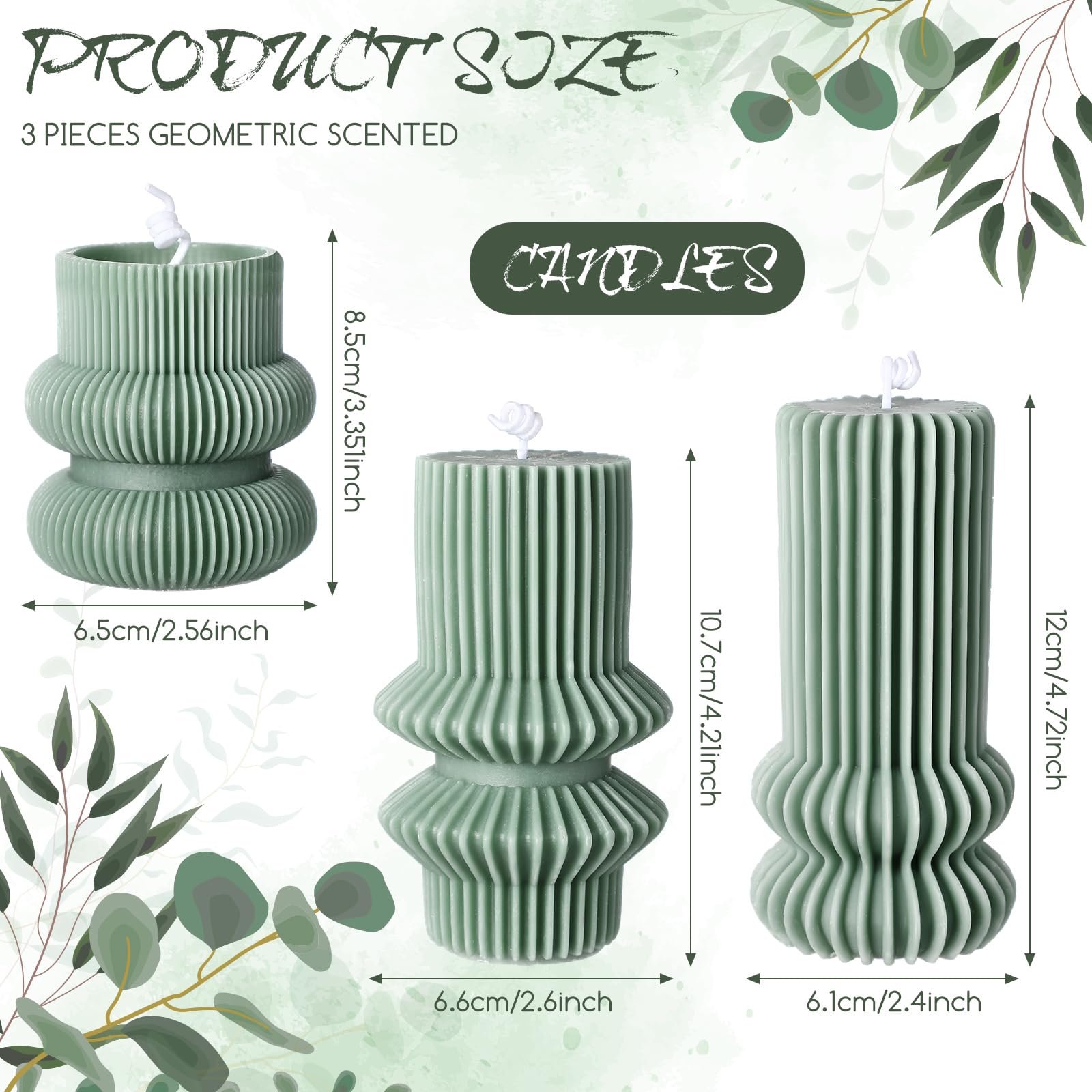 MTLEE 3-Pack Scented Soy Wax Pillar Candles - Ribbed Geometric Design, 4.7/4.2/3.2 Inch Height, Sage Scent - Modern Home Decor for Living Room, Bathroom, Wedding & Relaxation Aromatherapy
