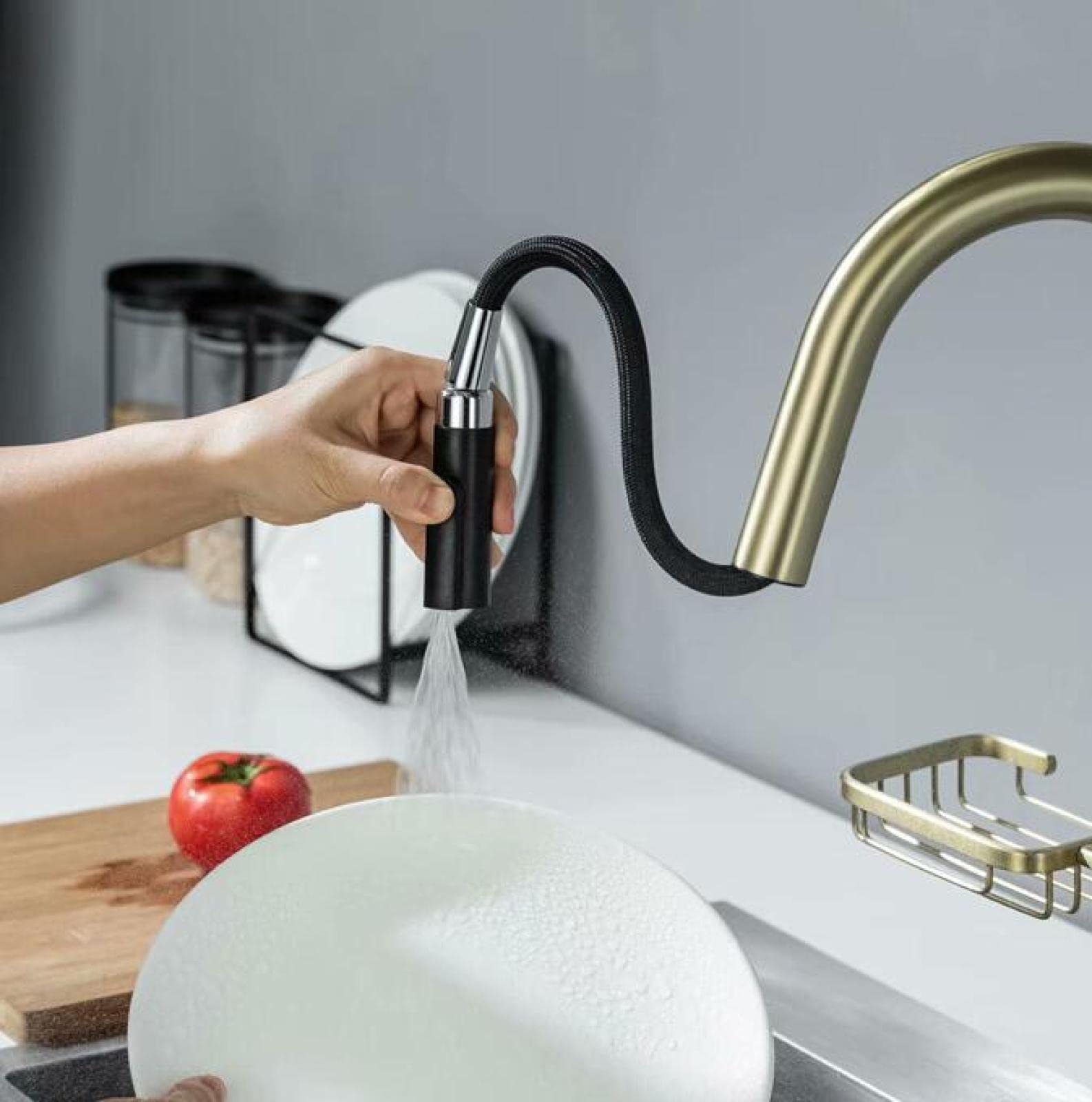 Brushed Gold Pull-Out Kitchen Faucet with Sprayer - Hot & Cold Water Swivel Mixer Tap for Modern Farmhouse & Contemporary Kitchen Sinks | Perfect for Washing Dishes, Filling Pots & Cleaning Vegetables