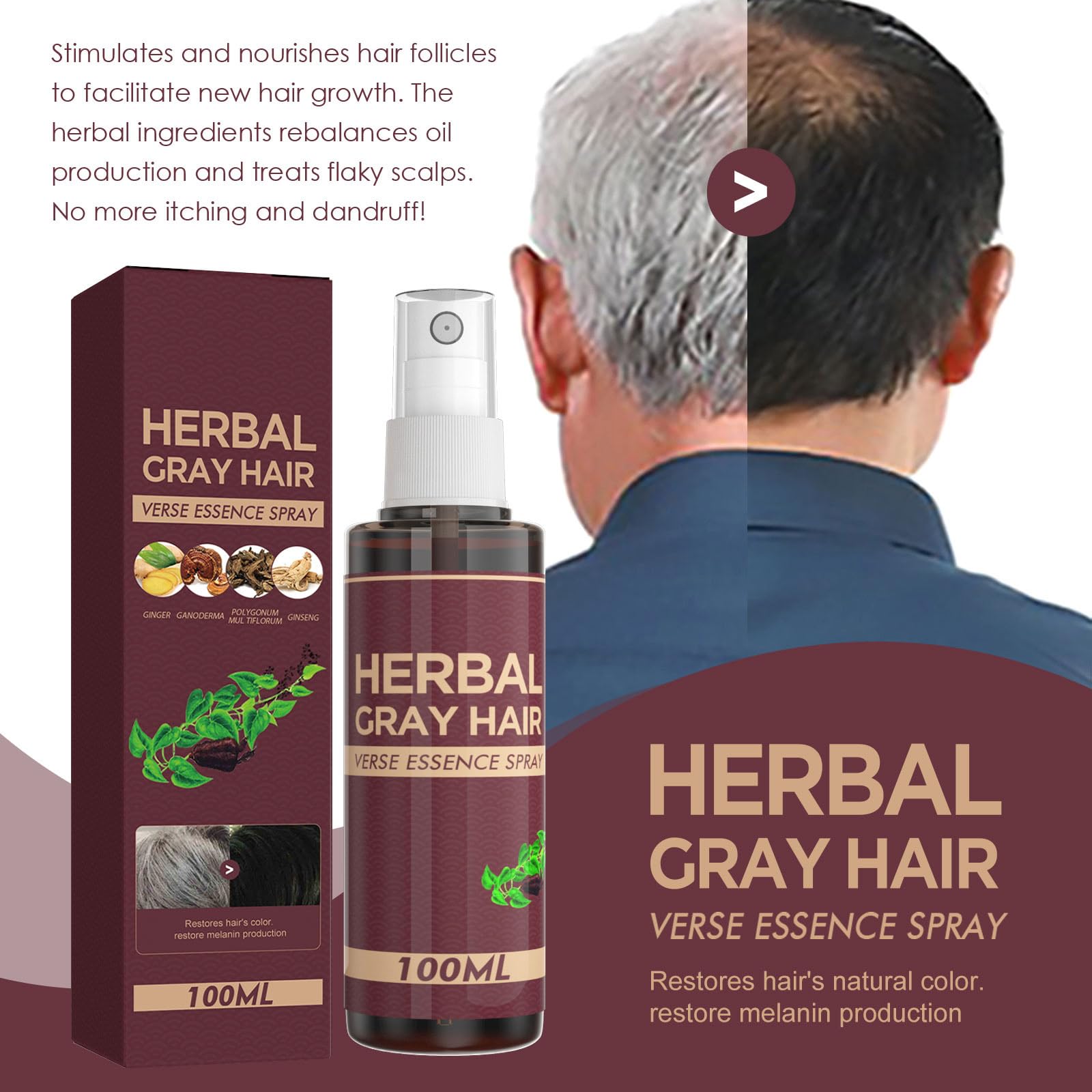 Herbal Essence Gray Hair Reverse Spray - Natural Hair Darkening & Coloring Conditioner for Gradual Results (Lasts 4 Weeks) | Perfect for Covering Gray Hair & Enhancing Hair Color at Home