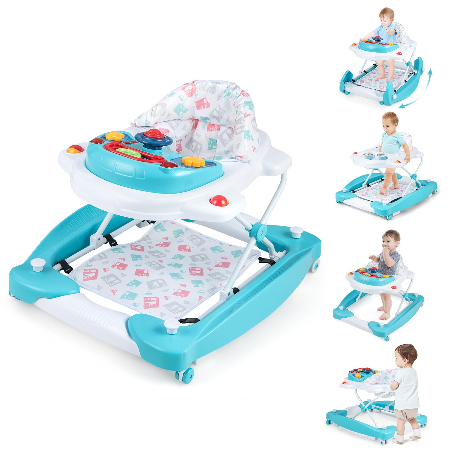 BABY JOY 6-in-1 Baby Activity Walker with Wheels - Adjustable Height, Music & Lights, Rocker Mode - Baby Walker & Bouncer Combo for Boys & Girls 6-14 Months (Green) | Perfect for Learning to Walk, Indoor Play & Early Development