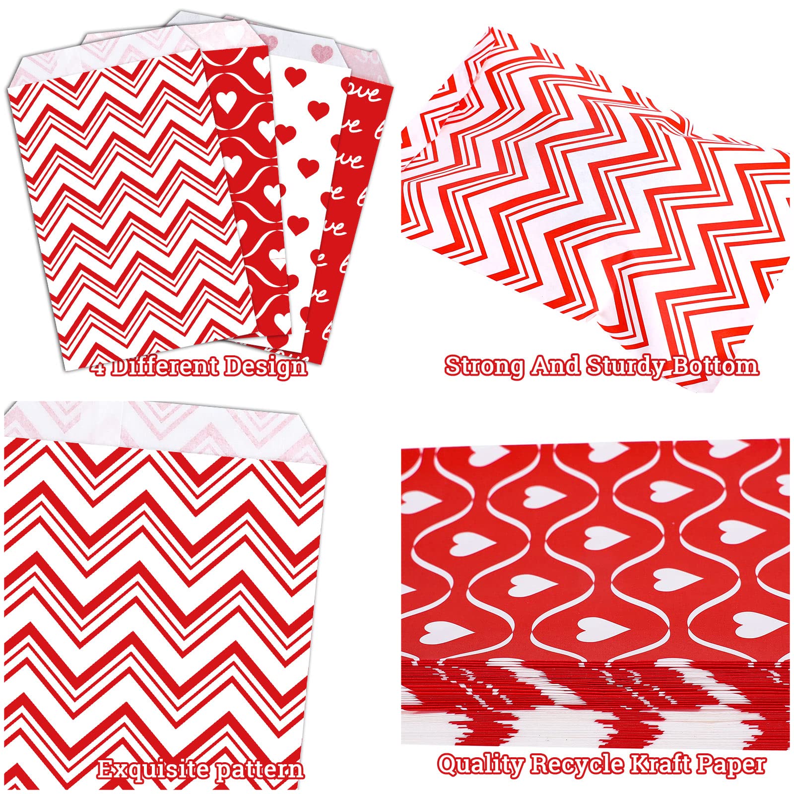 AnyDesign 120 Pack Valentine's Day Treat Bags - Red & White Heart Stripe Printed Paper Gift Bags for Candy, Cookies, Party Favors | Perfect for Weddings, Mother's Day, Holiday Buffets & Classroom Celebrations