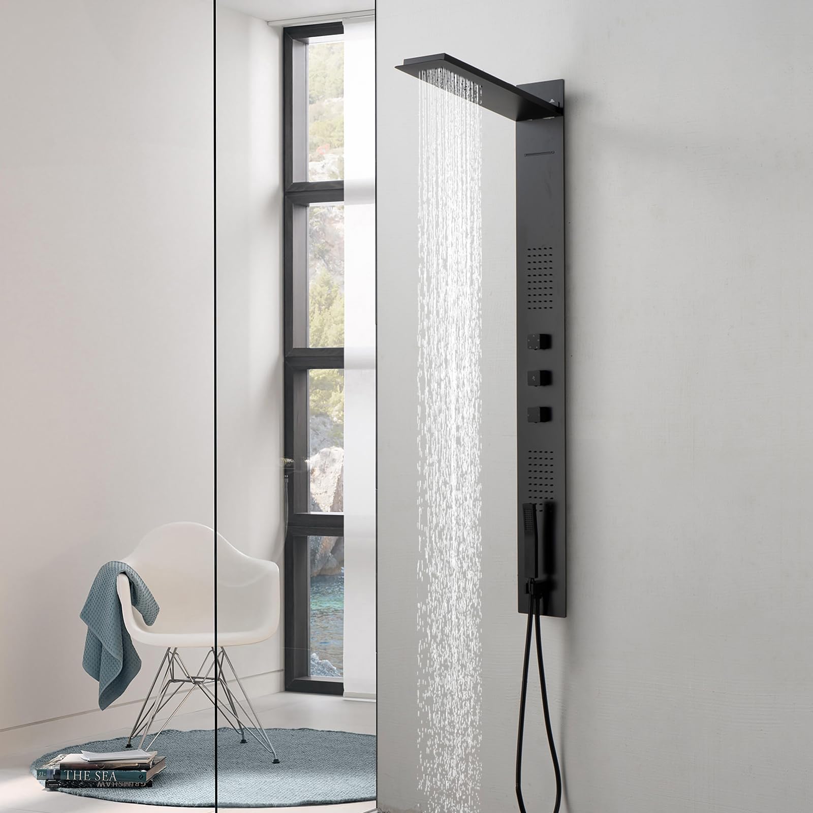 BWE Modern Rainfall Shower Panel Tower System - 304 Stainless Steel Multi-Function Shower Tower with 2 Powerful Body Jets & Handheld Showerhead (Black) - Perfect for Spa-Like Bathroom Upgrades and Luxury Shower Experience