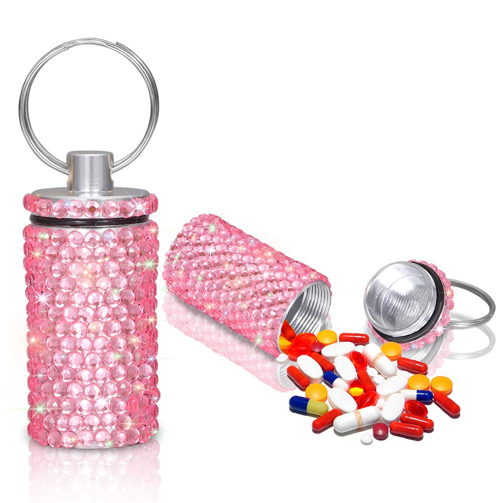 Artscope Crystal Diamond Keychain Pill Box - Waterproof Small Medicine Container for Travel, Outdoor & Daily Use - Portable Pill Case Keychain with Colorful Design (Pink) - Perfect for Hiking, Gym & Emergency Medication Storage