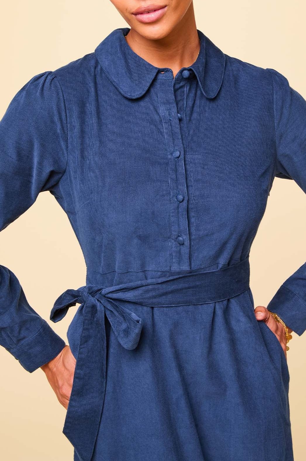 Marissa Corduroy Dress for Women - Soft Stretch Navy Blue Corduroy A-Line Dress with Pockets | Perfect for Fall Winter, Office Wear, Casual Outings and Date Nights