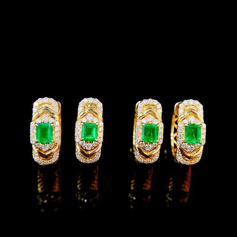 18K Yellow Gold Emerald and Diamond Hoop Earrings for Women | Luxury Real Natural Gemstone Jewelry | Perfect for Parties, Weddings & Special Occasions