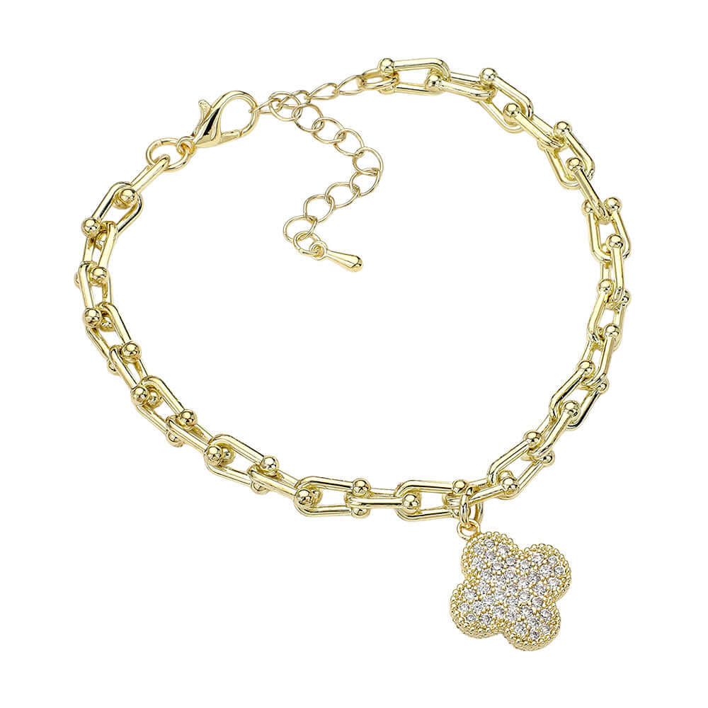 14K Gold Plated CZ Paved Quatrefoil Charm Link Chain Bracelet for Women - Elegant Jewelry Gift for Birthday, Anniversary & Special Occasions