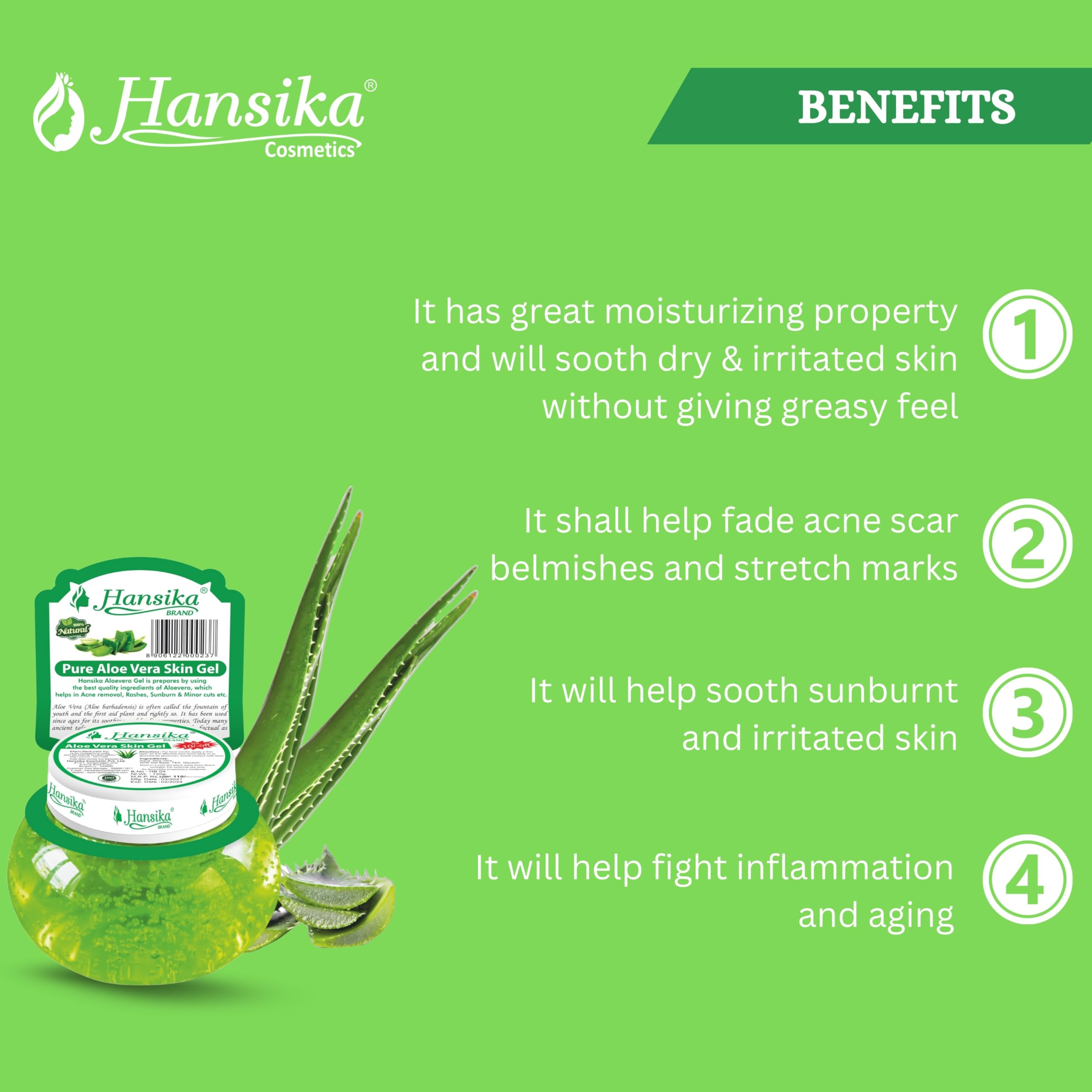 **Hansika Pure Aloe Vera Gel – 120g | Natural Moisturizer for Face, Skin, Hair & Body | Soothes Sunburn, Hydrates Dry Skin, Promotes Hair Growth**