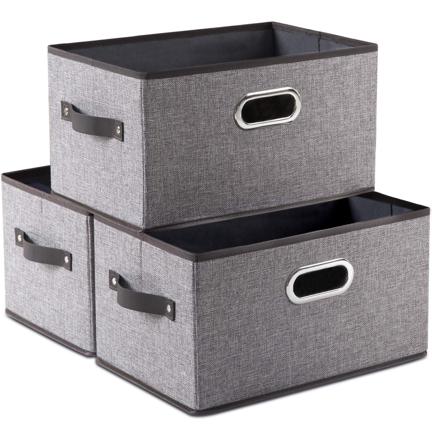 PRANDOM Large Foldable Storage Bins for Shelves [3-Pack] - Decorative Linen Fabric Storage Baskets with Leather/Metal Handles (14.9x9.8x8.3 Inch) - Perfect for Closet, Nursery, Office Organization - Grey and Black Trim - Space-Saving Home Storage Solution