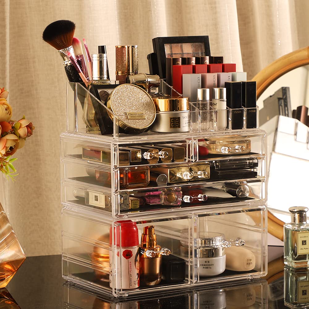3-Pack Clear Acrylic Makeup Organizer with 6 Stackable Drawers - Vanity & Bathroom Storage for Jewelry, Hair Clips, Skincare & Beauty Products - Perfect for Bedroom, Dressing Table and Countertop Organization