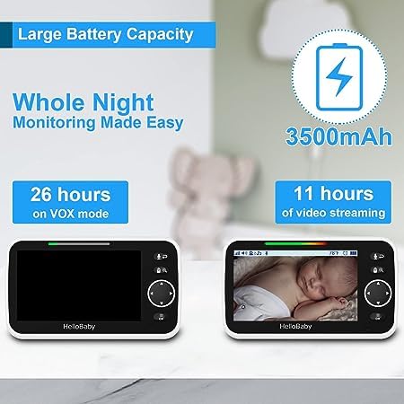 HelloBaby Upgrade 5-Inch Baby Monitor with 2 Cameras & Mount - 26-Hour Battery Life, No Tools or Wall Damage Required - Perfect for Nursery, Bedroom & Travel Use
