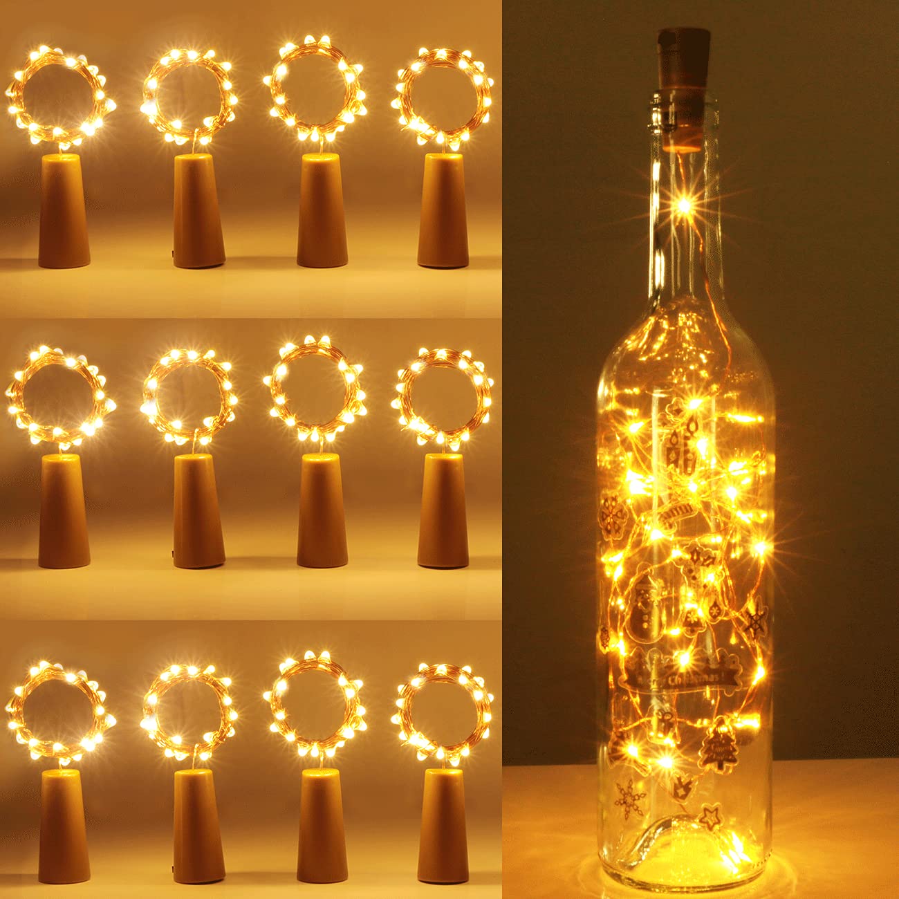 Kolpop 12 Pack Cork Bottle Lights - 2m 20 LED Copper Wire Fairy Lights for Wine Bottles, Party Decorations, Wedding Centerpieces & Christmas DIY (Warm White) | Indoor/Outdoor Table Decor for Birthday, Anniversary & Holiday Celebrations