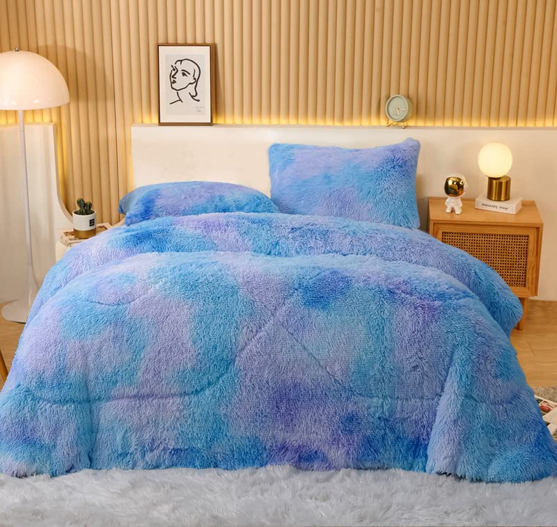Luxury Fluffy Comforter Set Queen Size 3-Piece - Galaxy Blue Shaggy Plush Bedding Set with Faux Fur Comforter & Pillow Shams | Ultra Soft & Warm Winter Bedding for Cozy Nights, Guest Rooms & Dorm Decor