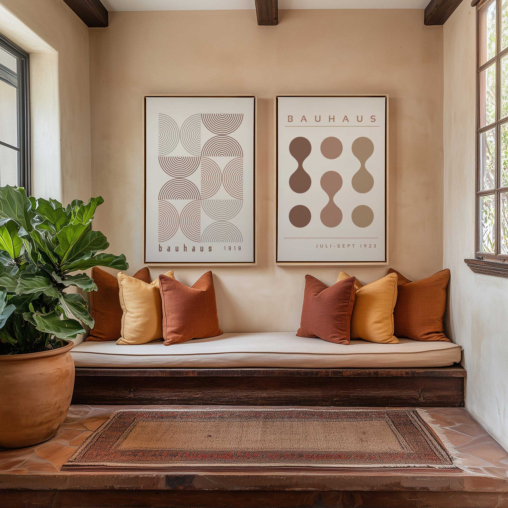Bauhaus Flow and Composition in Brown I - Set of 2 Canvas Wall Art Prints | Modern Abstract Decor for Living Room, Bedroom & Office
