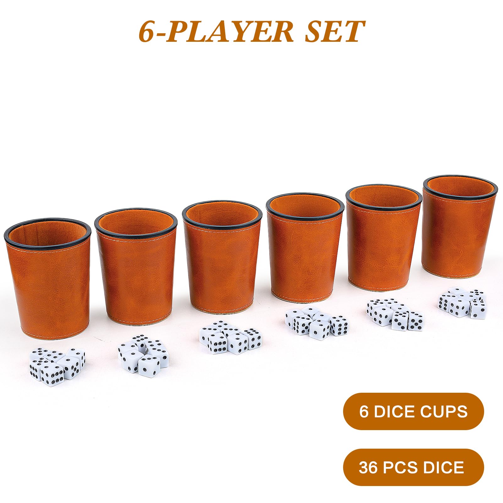Premium PU Leather Dice Cup Set with Soft Felt Lining - 6 Quiet Dice Shakers & 36 Dice for Yahtzee, Farkle, Bar Parties & Family Game Nights - Elegant Brown Gaming Accessories (Perfect for Tabletop Games, Casino Nights & Travel Entertainment)