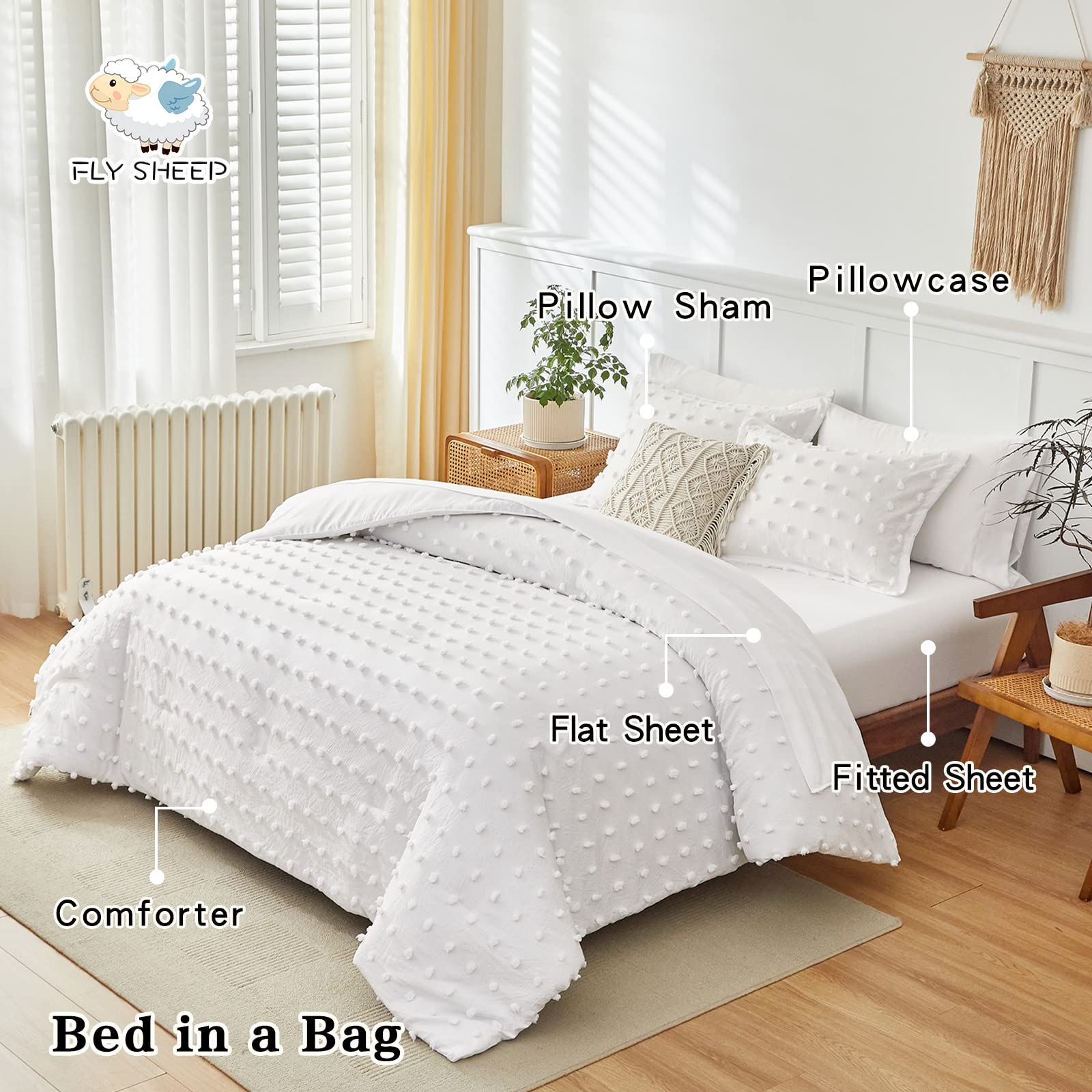 6-Piece Tufted Dots Twin Comforter Set with Sheets - Soft White Embroidery Shabby Chic Boho Bedding, Pom Pom Design Jacquard Tufts for Kids | Cozy & Stylish Nursery or Teen Room Decor