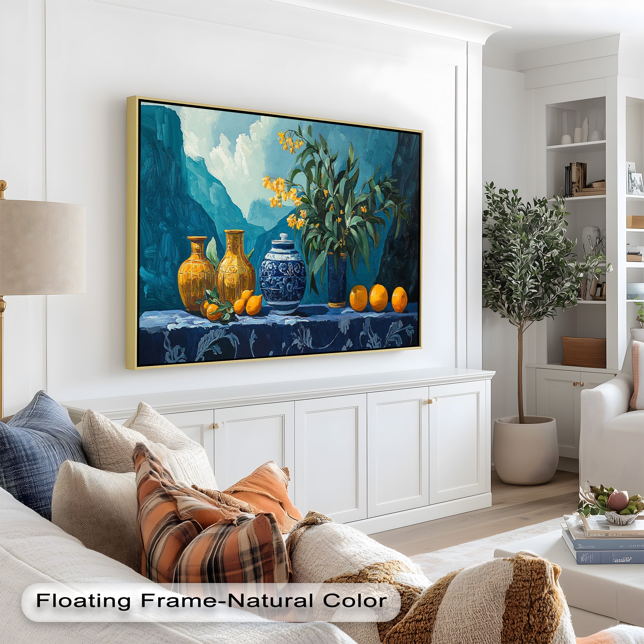 Blue & Yellow Citrus Still Life Vase - Handmade Framed Oil Painting for Home Decor, Living Room, Dining Room Wall Art
