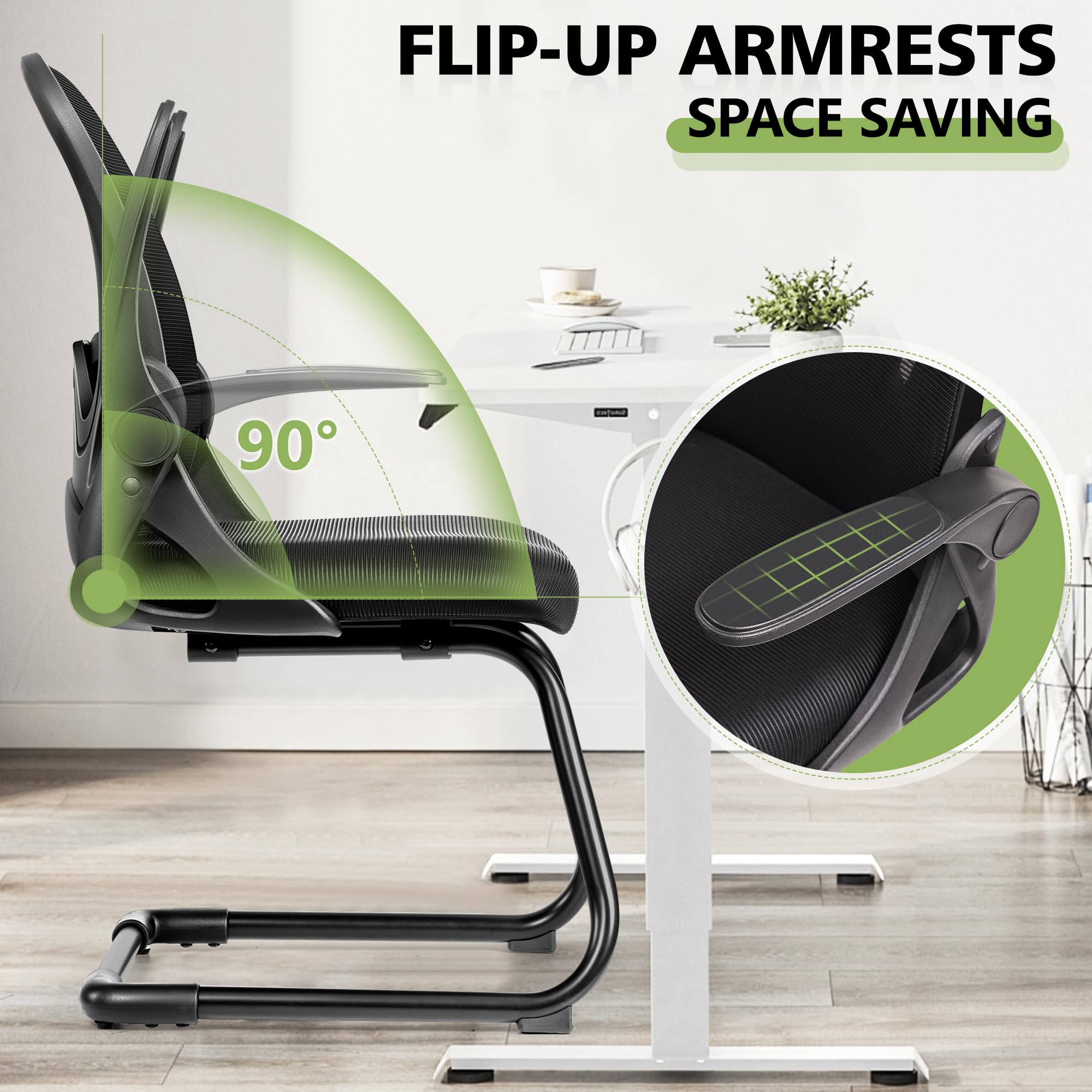 Primy Waiting Room Chairs - Flip-Up Armrests & Adjustable Lumbar Support - Breathable Mesh Office Guest Chairs for Reception, Conference Rooms & Elderly Use - Black Stationary Desk Chair Without Wheels - Perfect for Clinics, Hospitals, and Corporate Lobbies