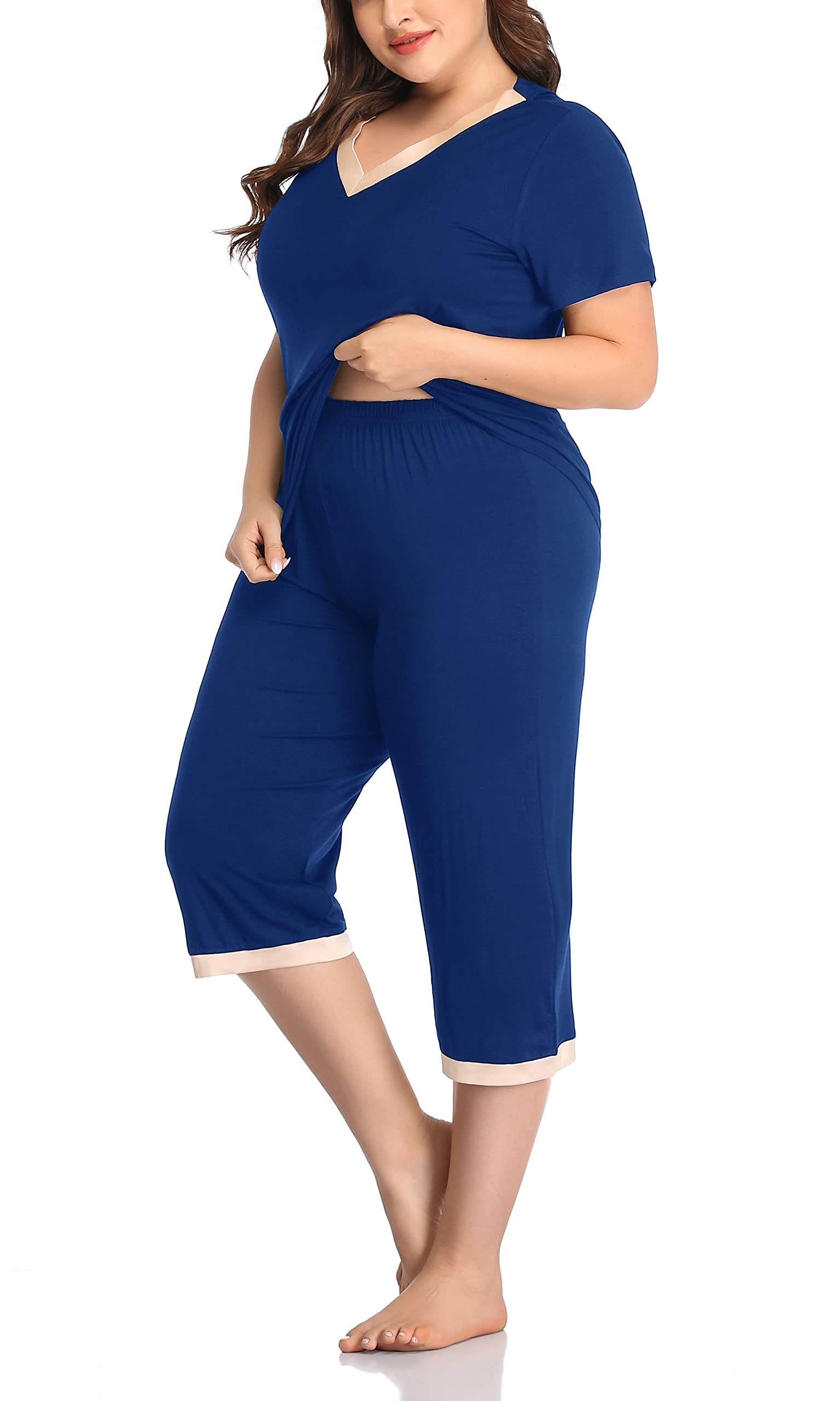 ZERDOCEAN Women's Plus Size Pajama Sets - Soft Sleepwear Short Sleeve Tops & Capri Pants Lounge Set for Nightwear, Comfortable PJs for Relaxing at Home or Sleeping