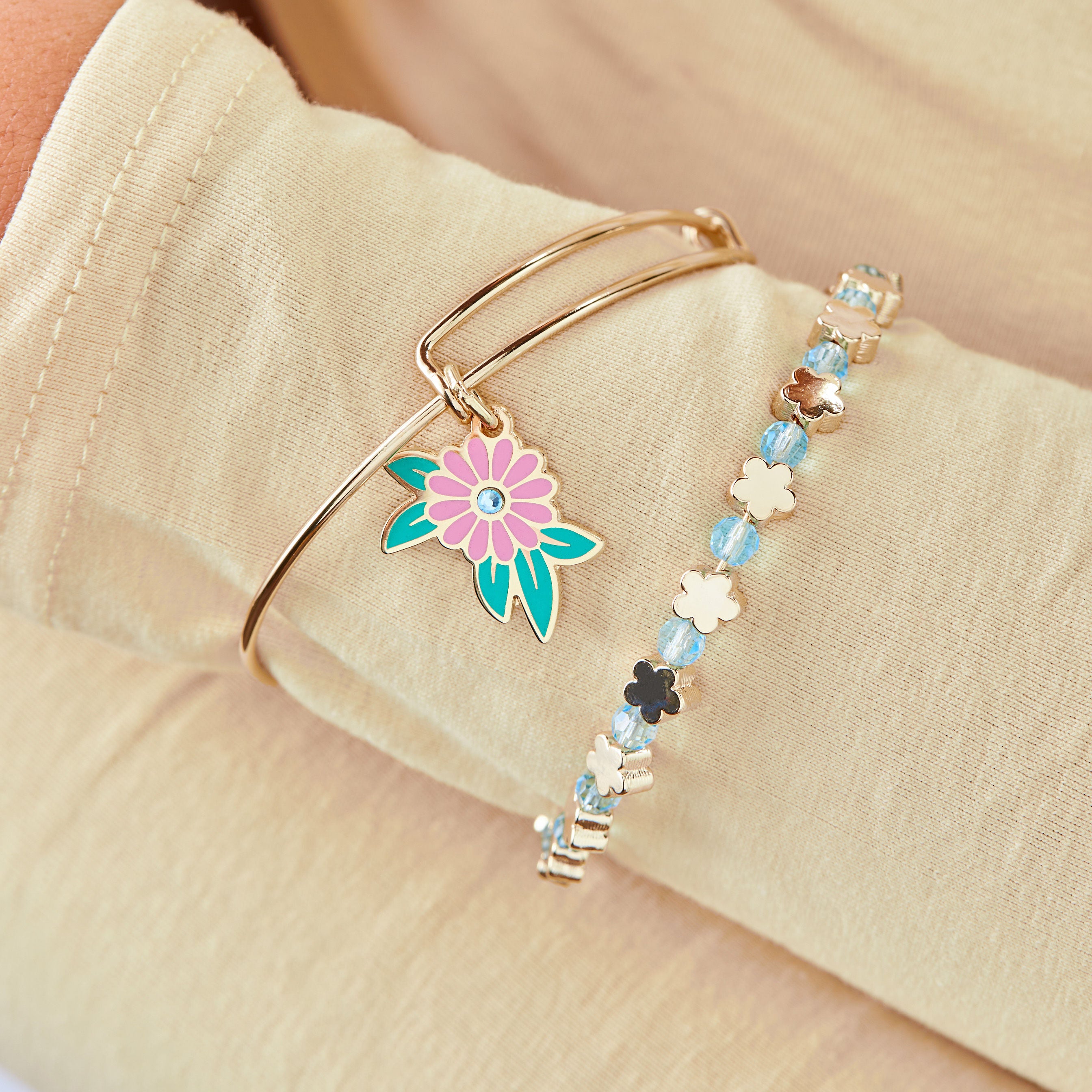 Elegant Flower Charm Bangle Bracelets Set of 2 - Dainty Floral Jewelry for Women - Perfect for Weddings, Parties & Everyday Wear