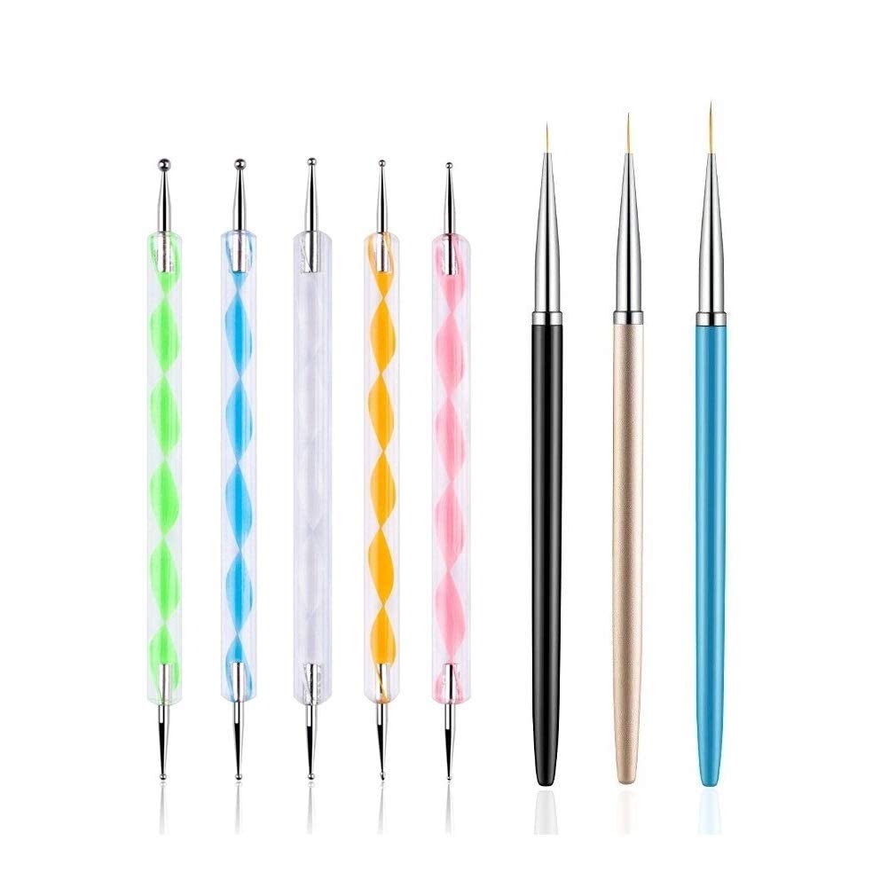 5PCS Dotting Pens & 3PCS Nail Art Brushes Set - Professional Nail Design Tools Kit for Acrylic, Gel Polish & Manicure - Perfect for Salon, Home DIY & Nail Art Enthusiasts