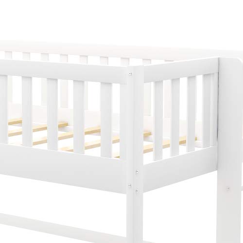 White Twin Size Wood Low Loft Bed with Ladder & Slide - Junior Loft Bed for Kids & Teens - Perfect for Small Bedrooms, Dorm Rooms & Play Areas