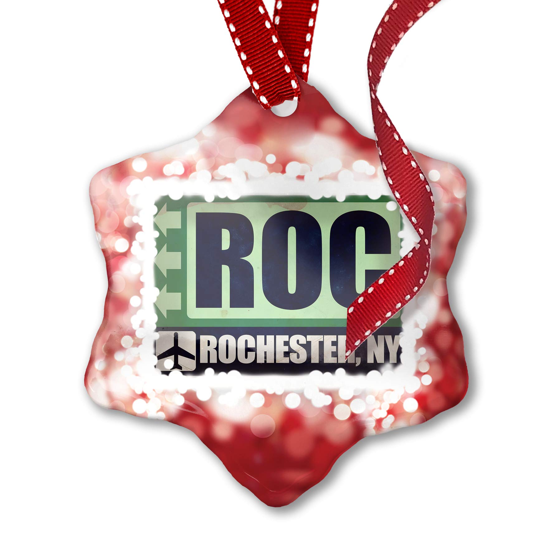 Rochester NY ROC Airport Code Christmas Ornament - Red Holiday Decoration for Tree, Home & Travel Themed Decor