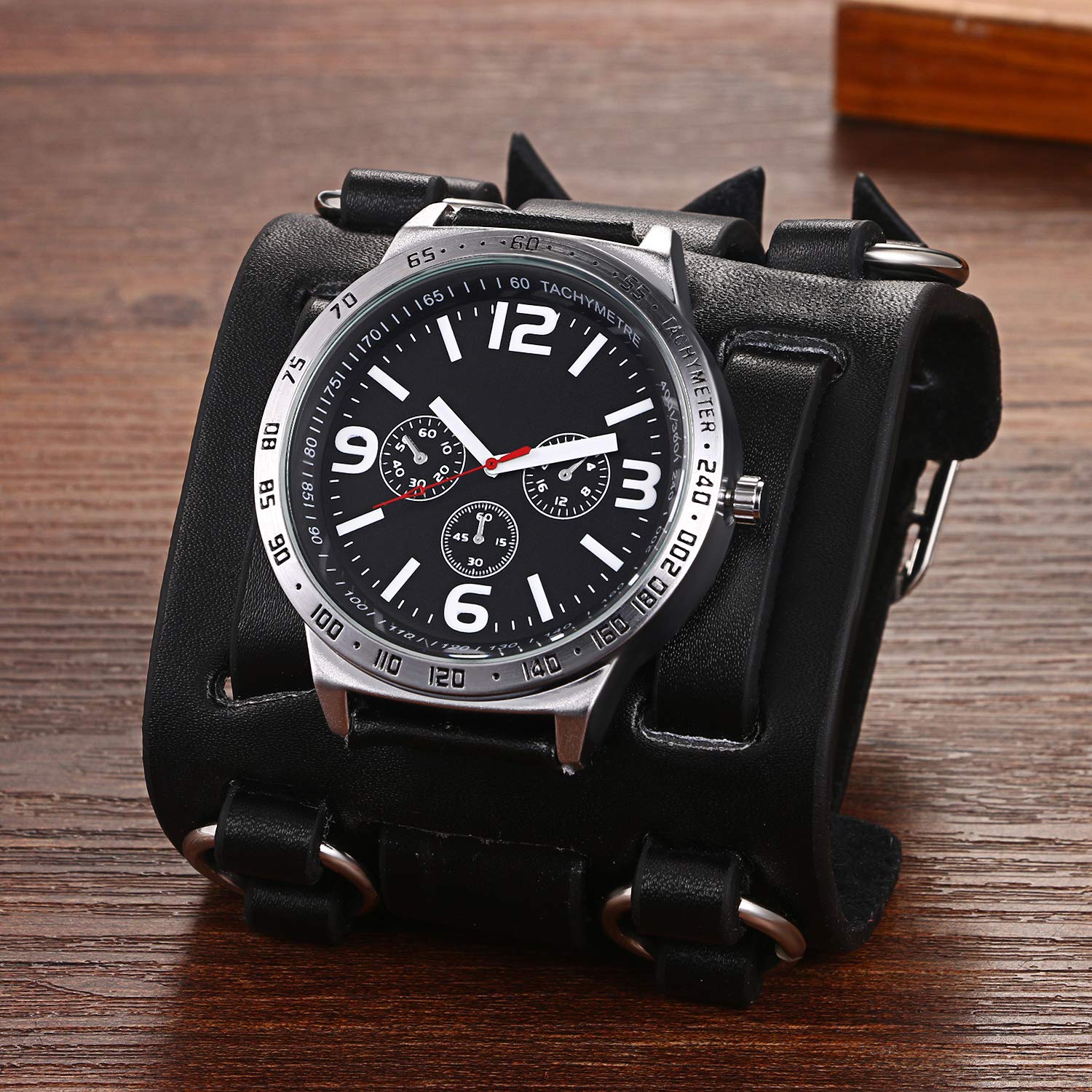 Avaner Mens Retro Steampunk Leather Cuff Bracelet Watch - 74mm Wide Big Dial Analog Quartz Wristwatch for Hip-hop Gothic Style, Casual Wear & Costume Parties