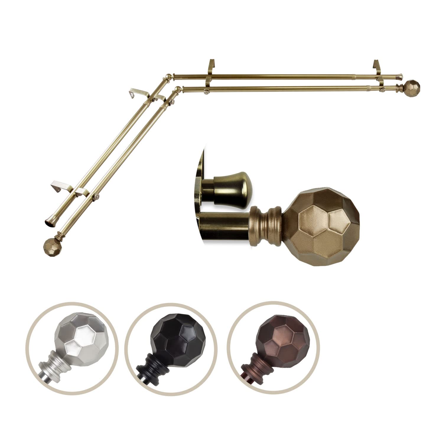 Rod Desyne Christiano Antique Brass 120-Inch Corner Window Double Curtain Rod Set - Heavy Duty Drapery Hardware for Bay Windows, Living Room & Bedroom Decor